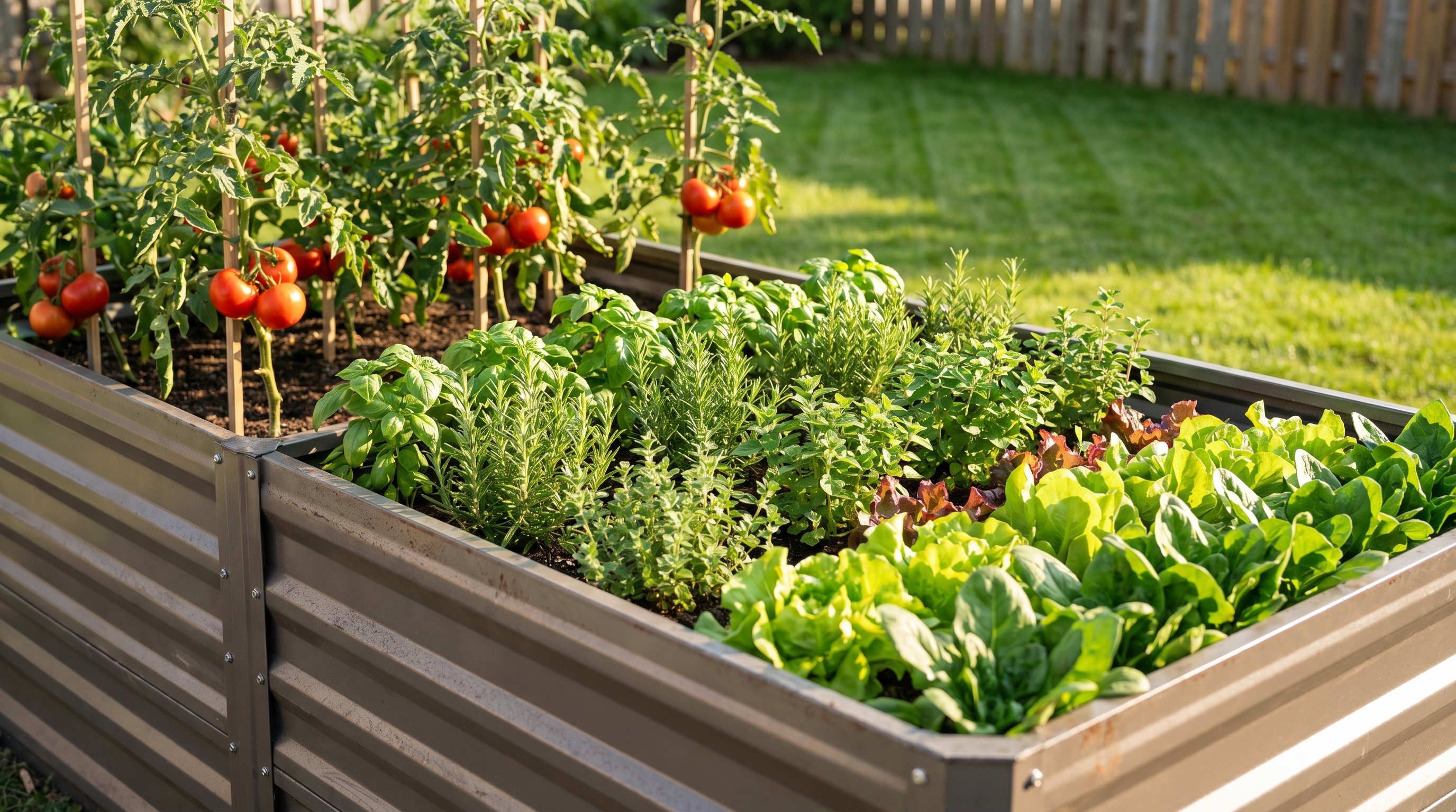 Anleolife 8x4 metal raised garden bed filled with thriving vegetables in a well-planned raised bed planting layout