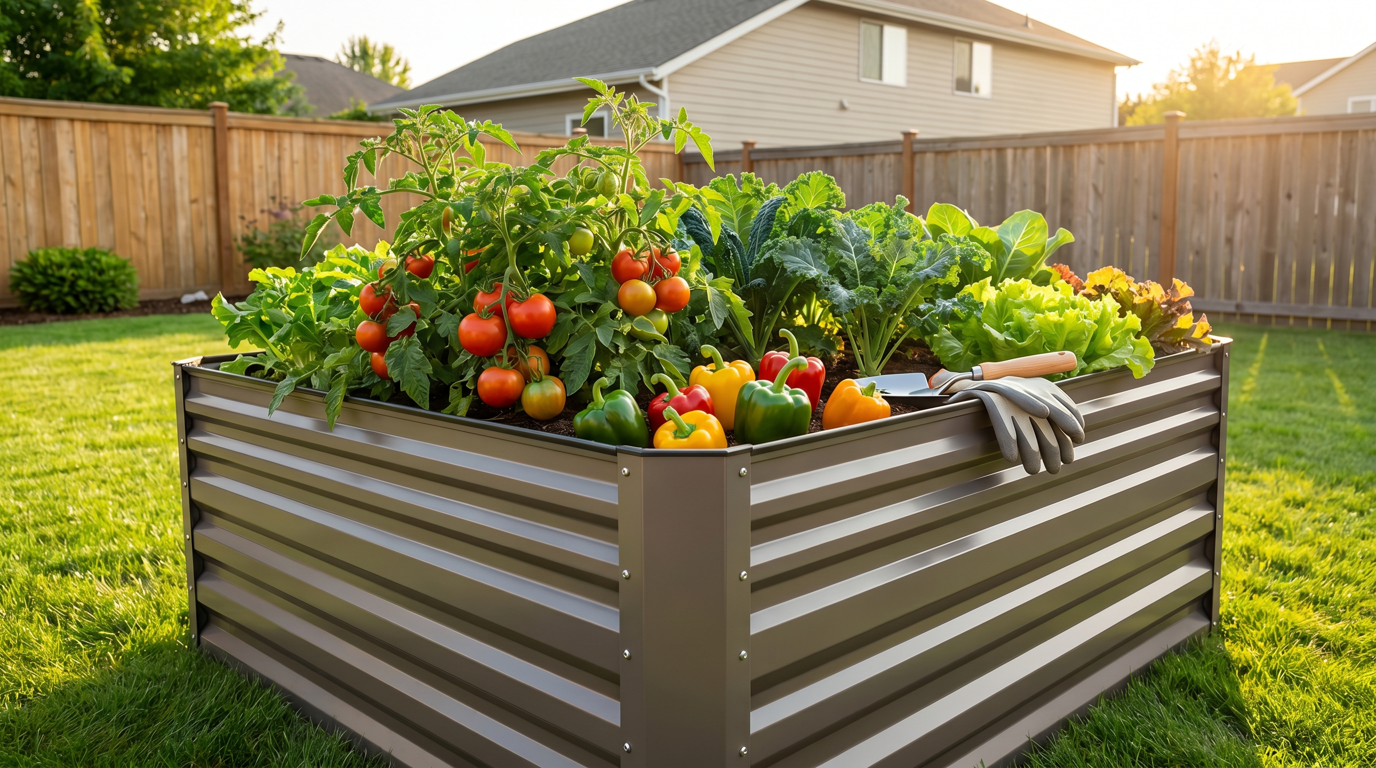 Anleolife 8x4 raised garden bed installed in a sunny backyard with thriving vegetable plants
