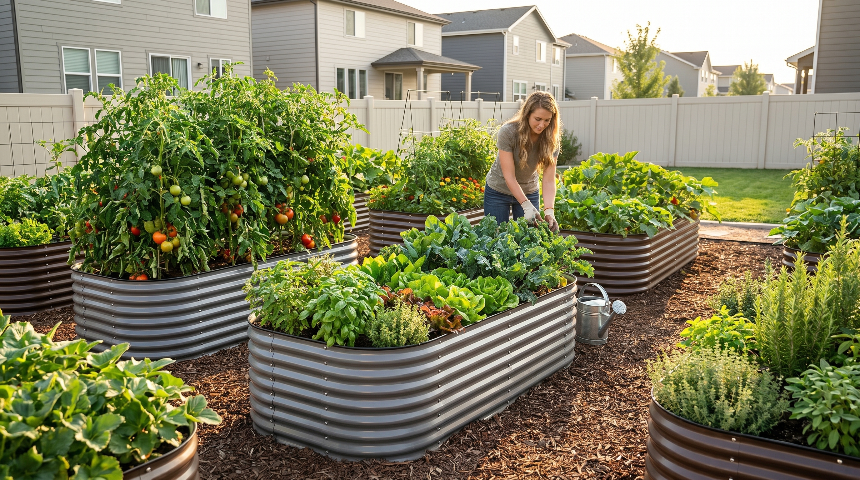 Anleolife metal raised garden bed in a backyard garden setting with vegetables growing Anleolife metal raised garden bed in a backyard garden setting with vegetables growing