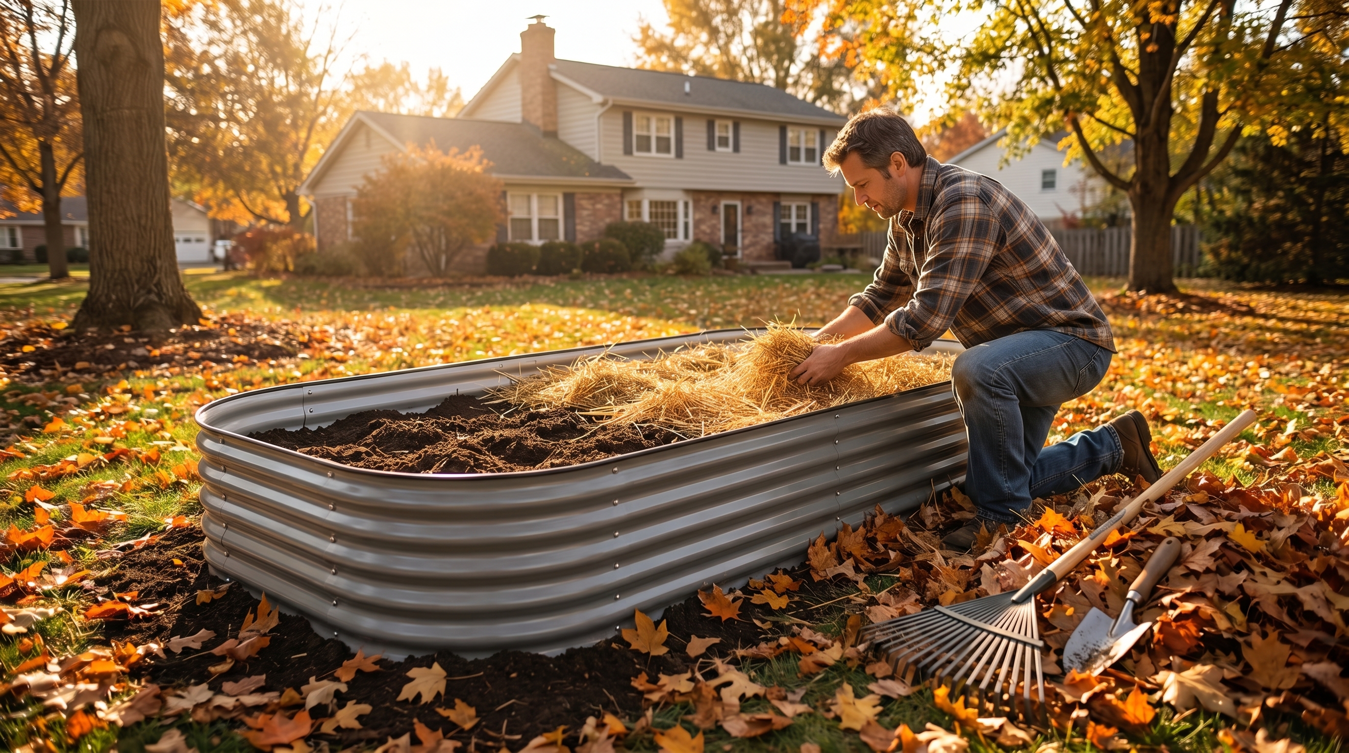 A gardener preparing raised garden beds for winter with mulch, tools, and fall leaves surrounding the beds