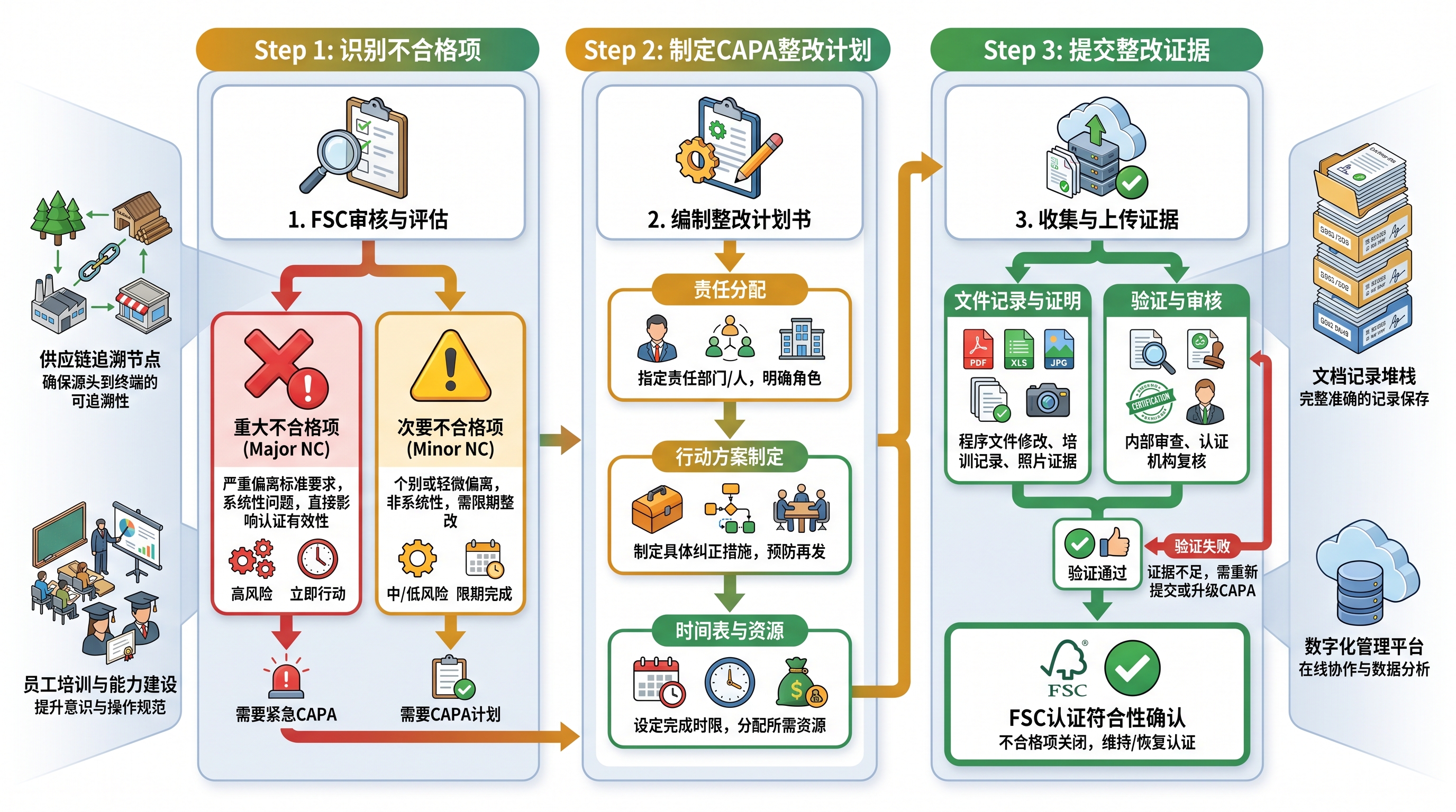 FSC认证整改流程与供应链追溯管理示意图