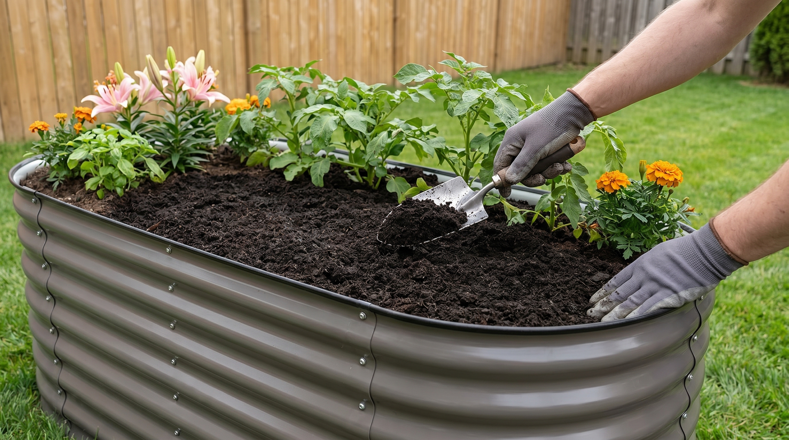 Gardener top-dressing a raised garden bed with compost to improve soil structure and prevent compaction