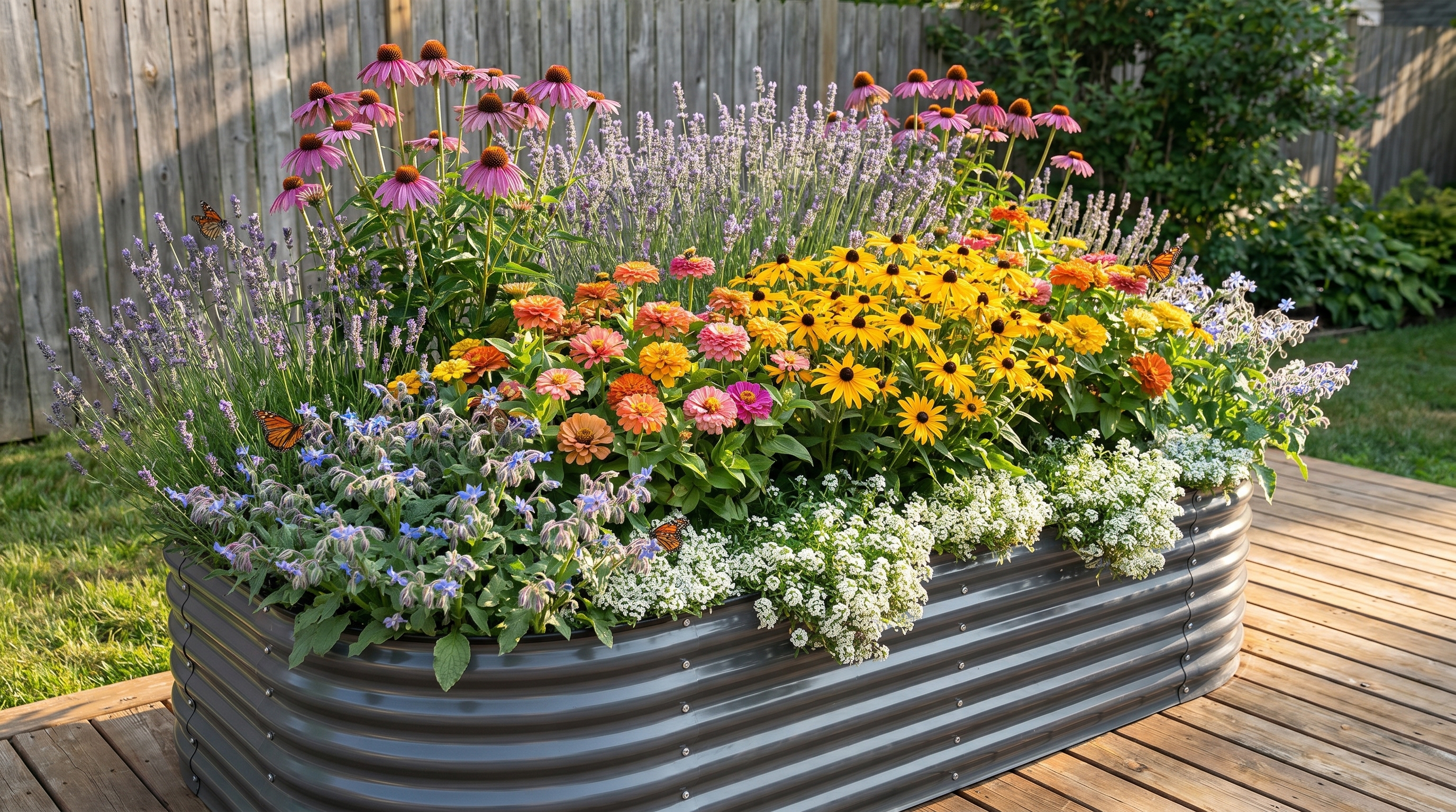 Raised bed garden layout with layered pollinator flowers