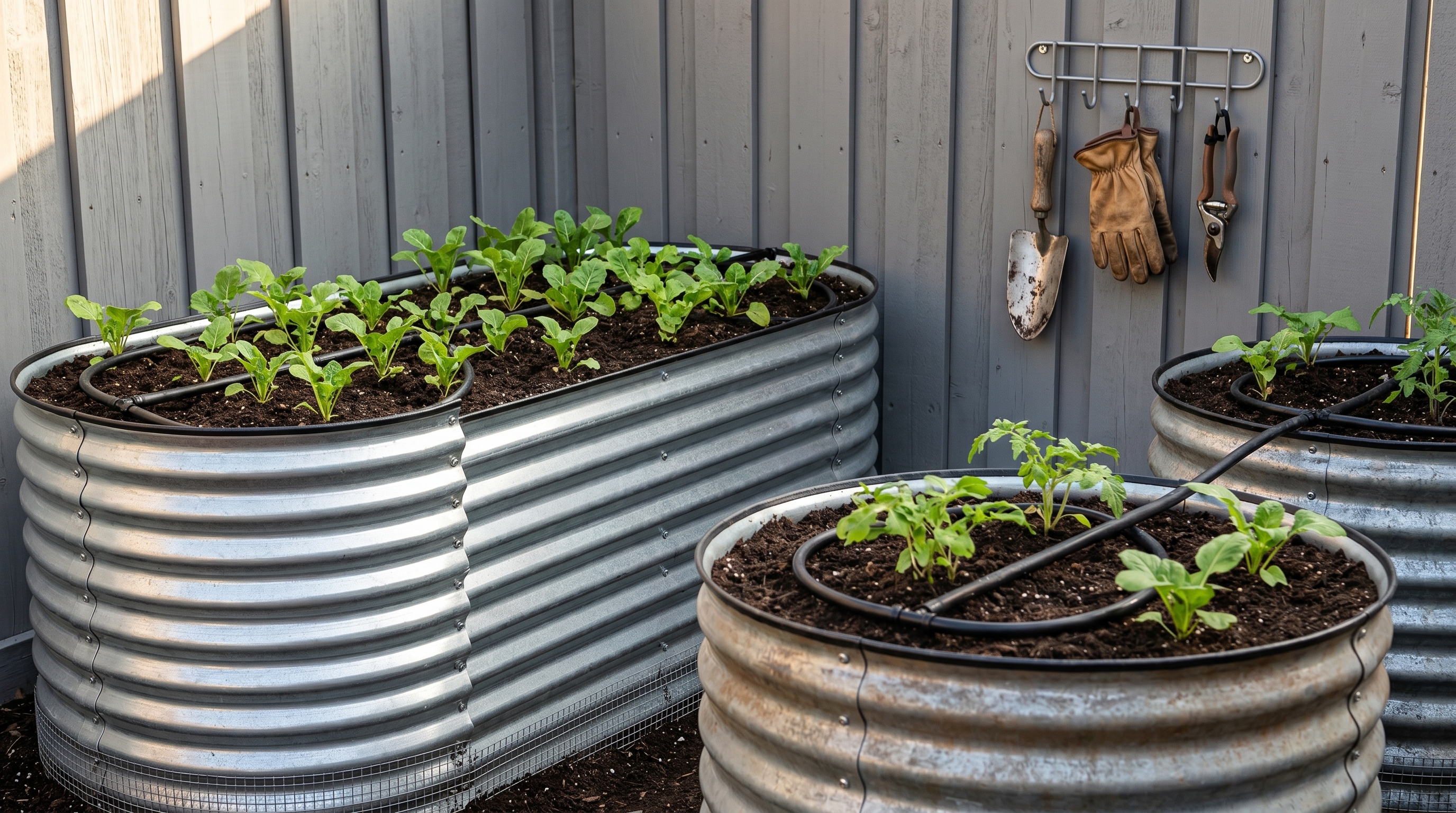 Complete metal raised garden bed setup with tools and watering system