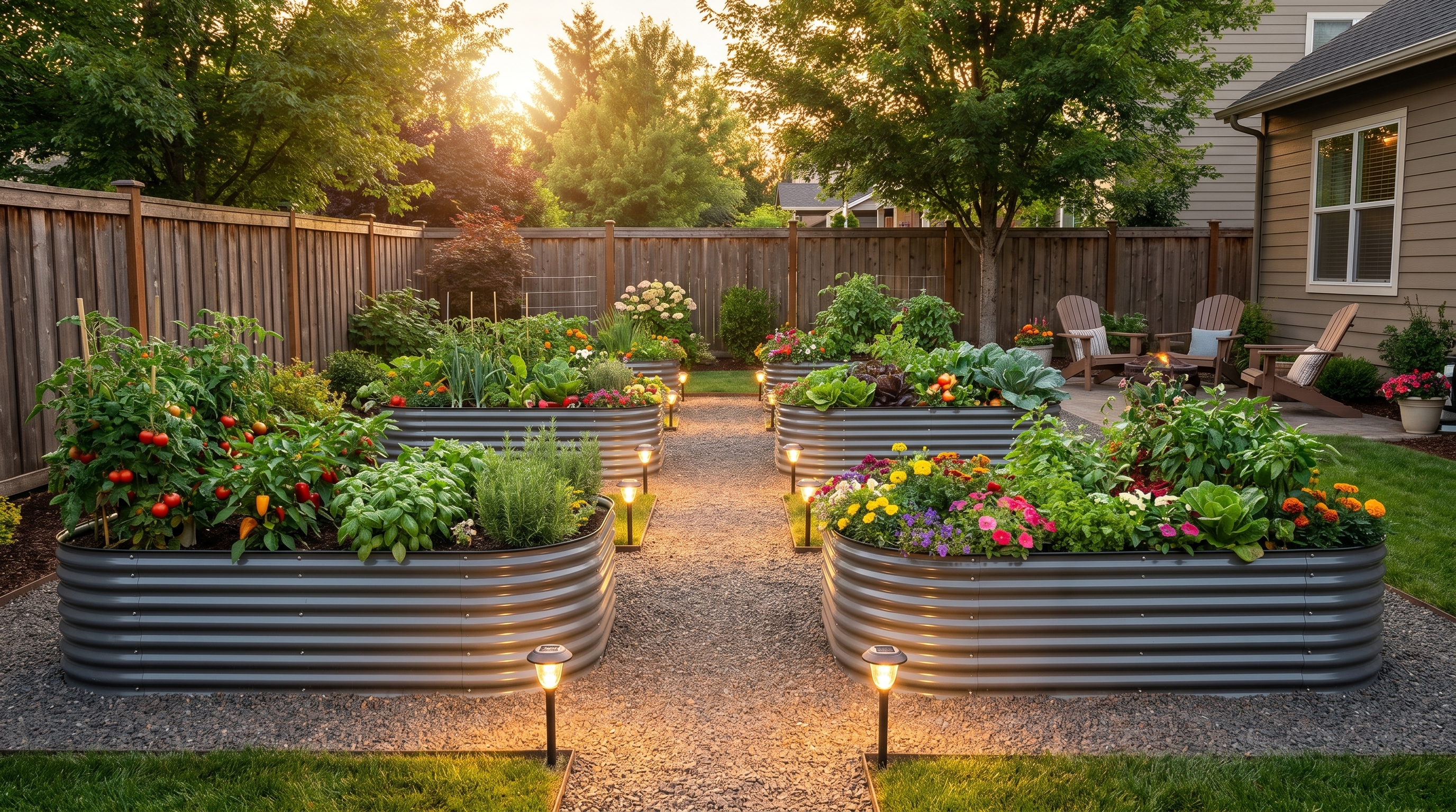 Metal raised garden beds arranged in a well-designed backyard garden layout with pathway lighting Metal raised garden beds arranged in a well-designed backyard garden layout with pathway lighting