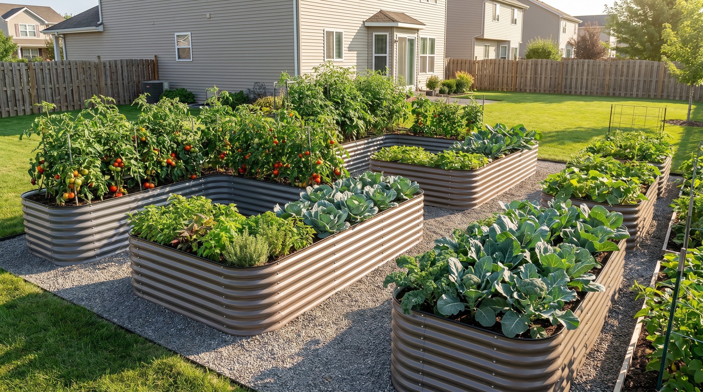 Expanded modular metal raised bed garden layout with multiple connected beds in a backyard garden