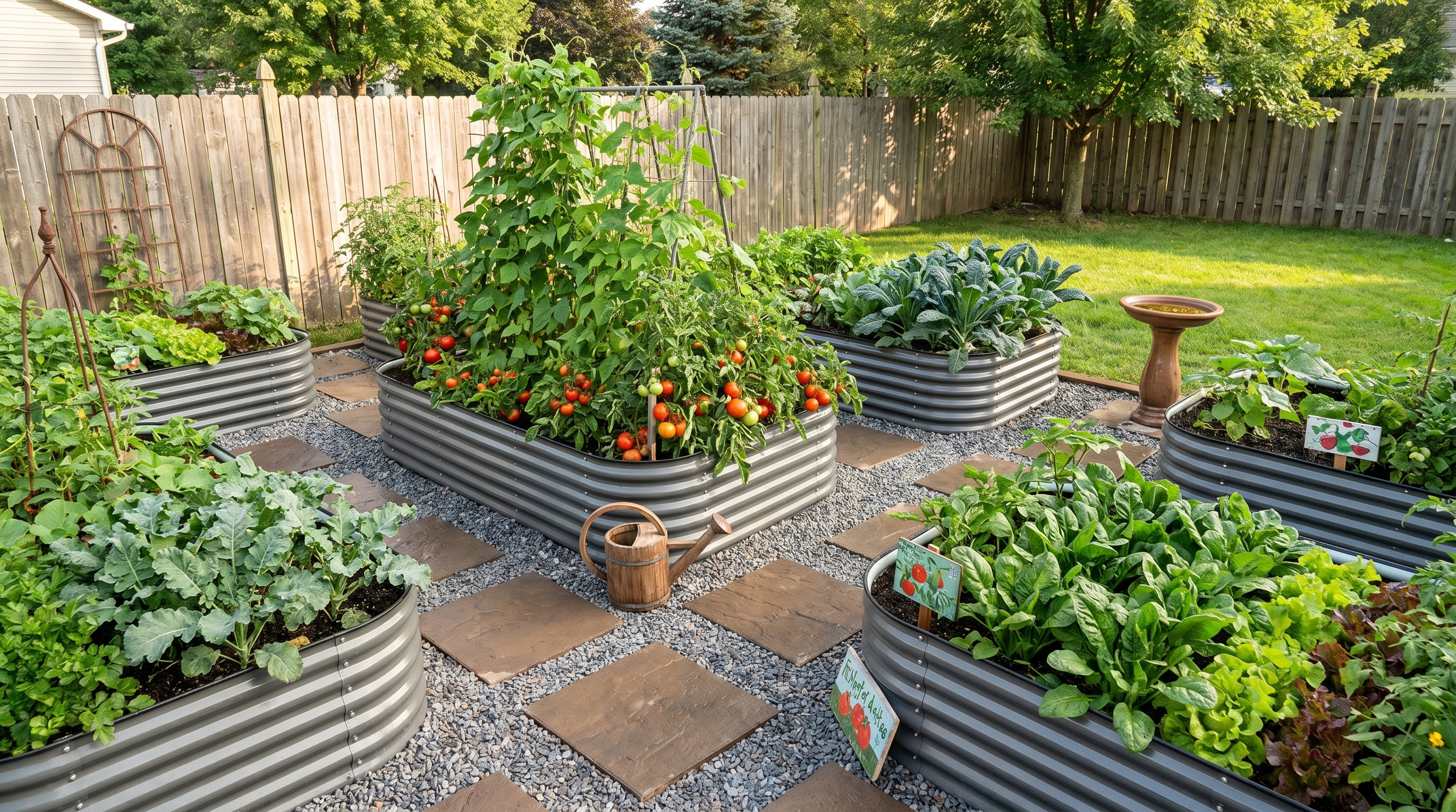 Multi-bed raised garden layout with organized pathways, thriving summer vegetables, and decorative elements