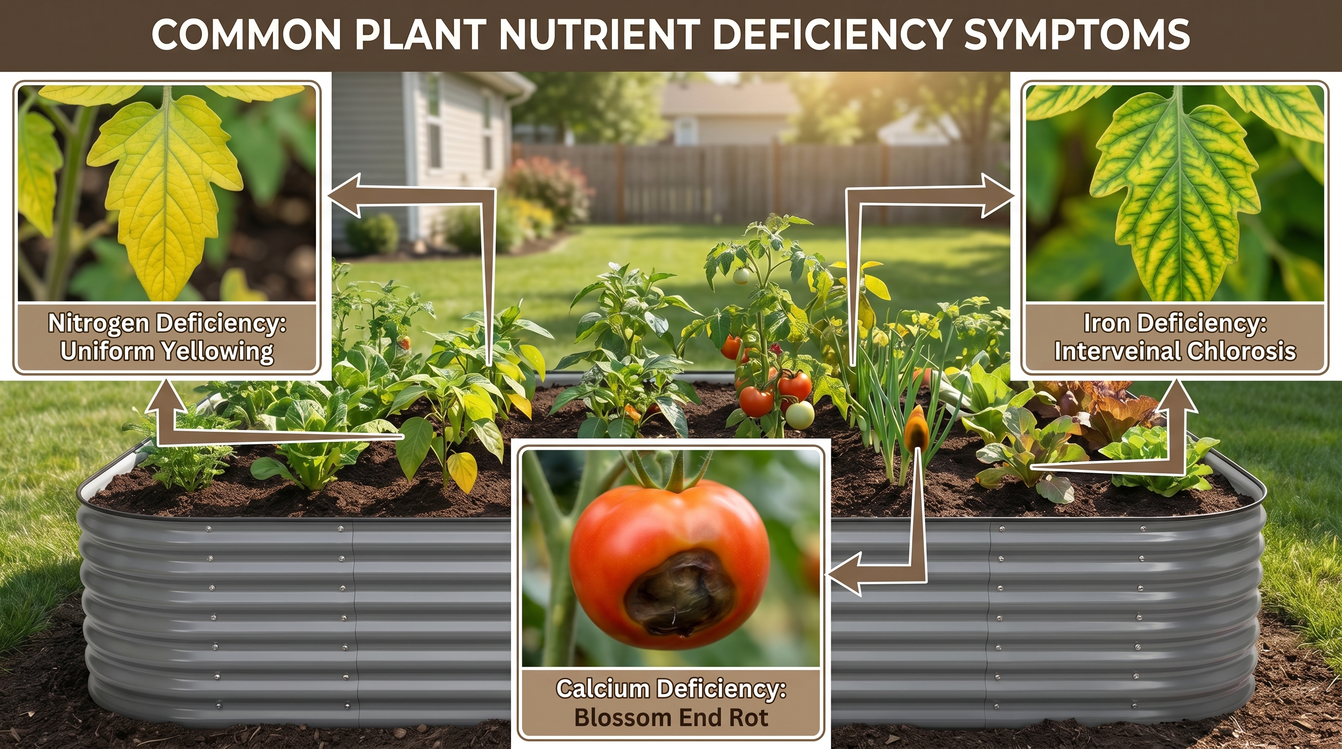 Diagram showing common nutrient deficiency symptoms in raised bed plants, with labeled leaf discoloration examples