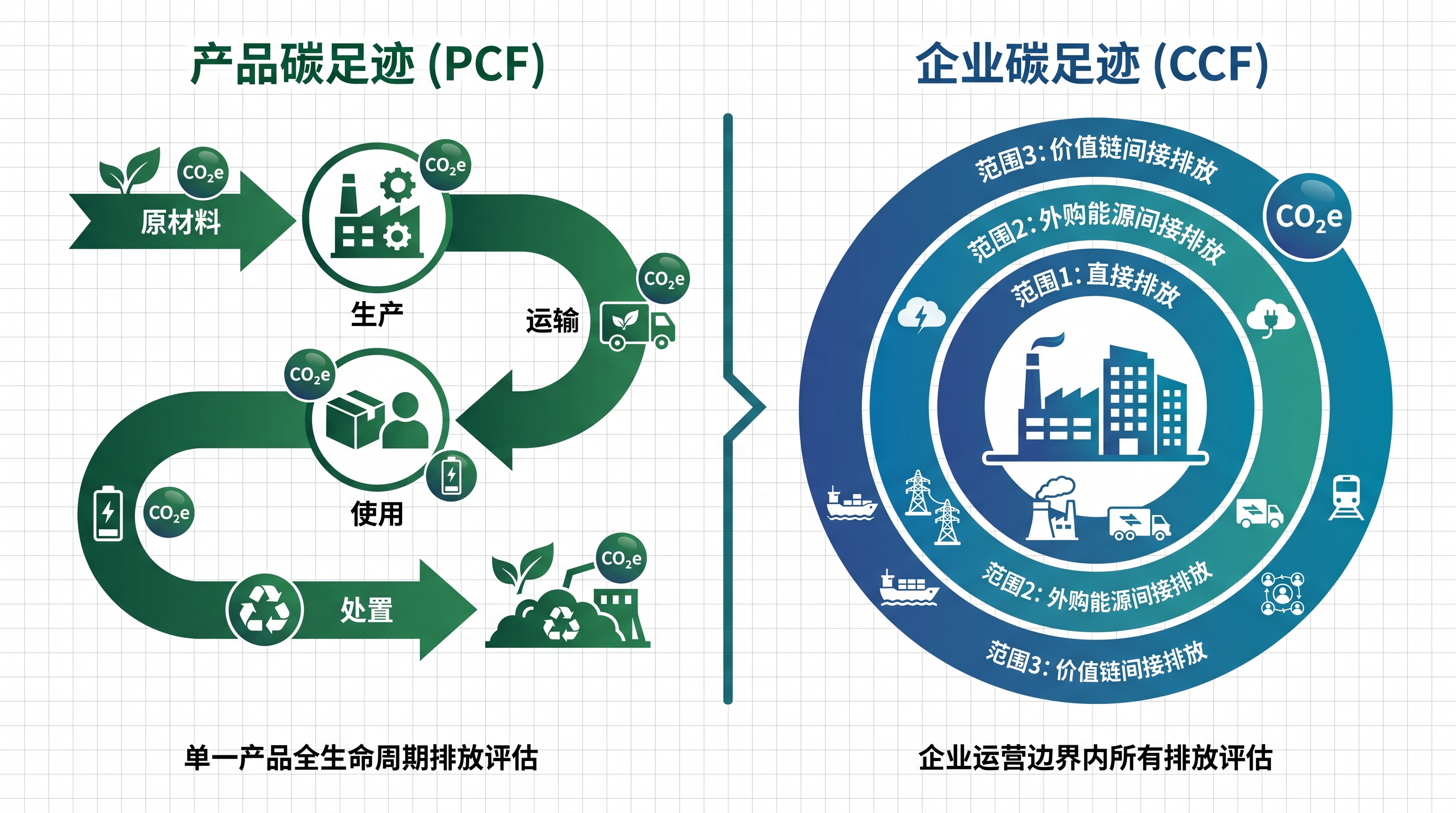 产品碳足迹与企业碳足迹概念对比示意图