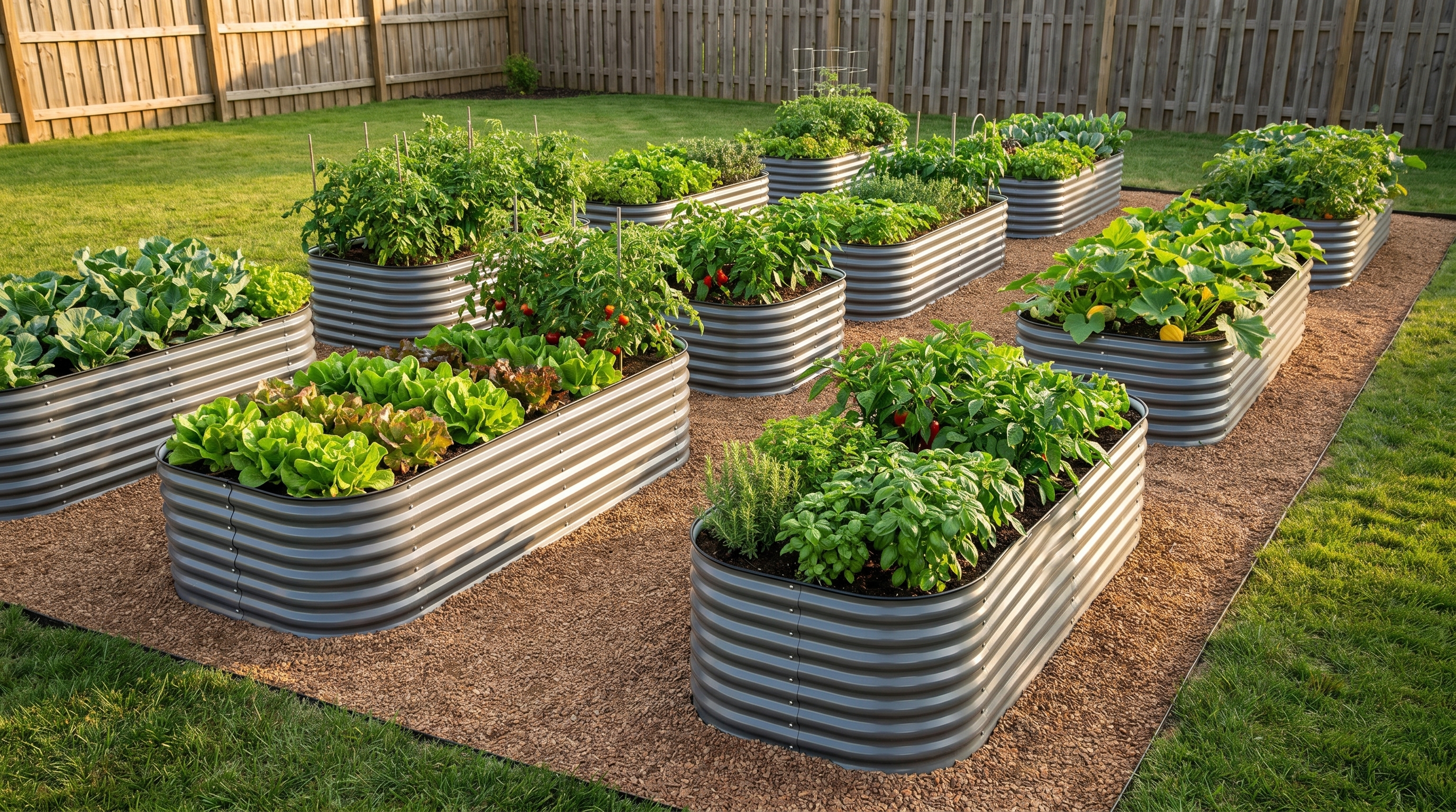 A well-planned raised bed garden layout with multiple beds arranged in a sunny backyard, ready for summer planting