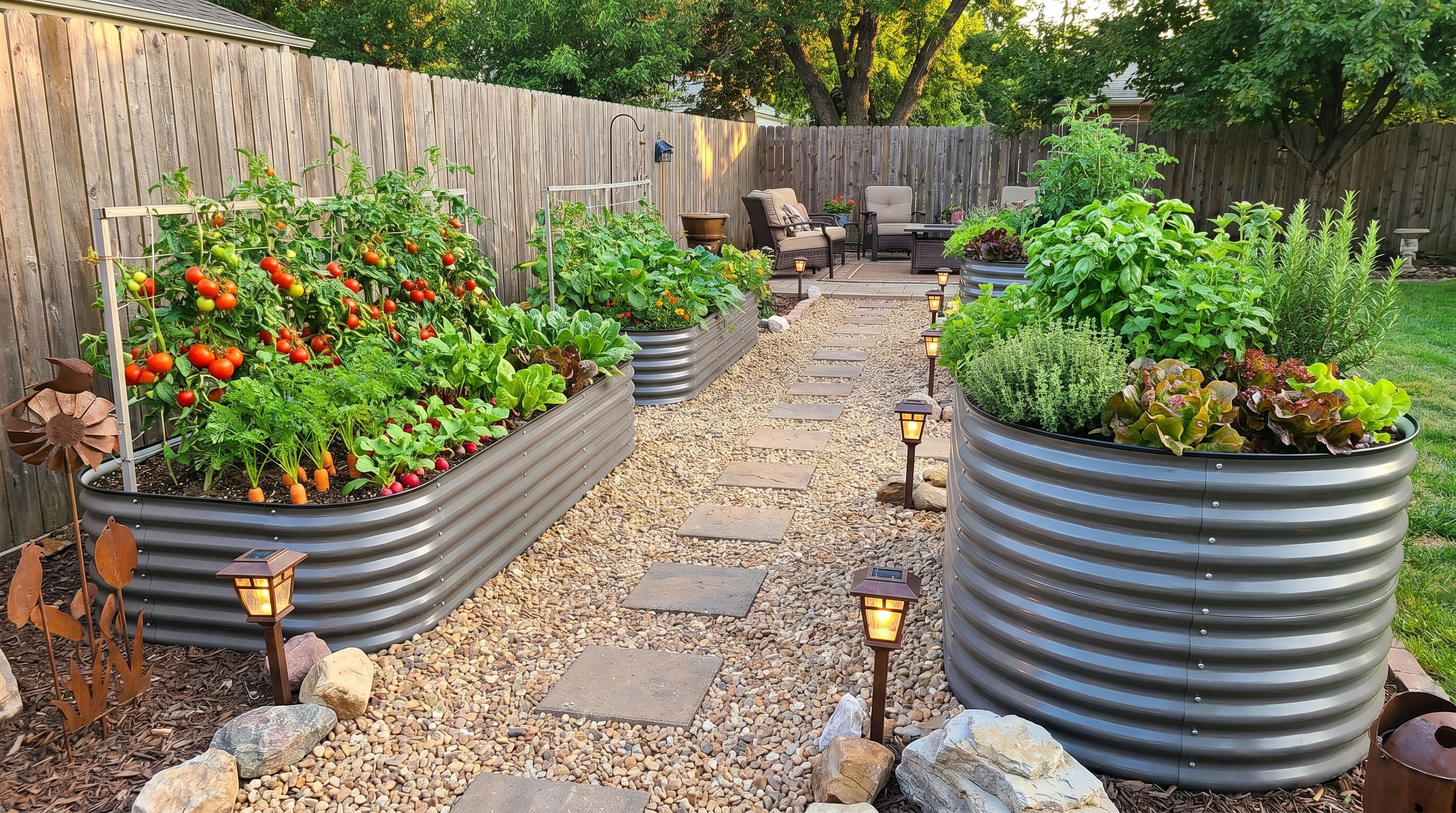 Ground-level raised beds and elevated garden bed in a beautiful backyard raised bed garden layout