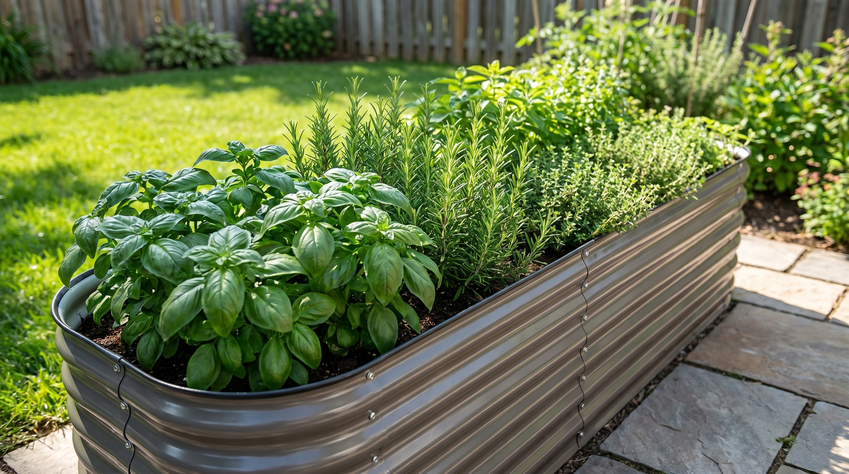 Summer herb raised garden bed with basil rosemary and thyme in a metal raised bed layout