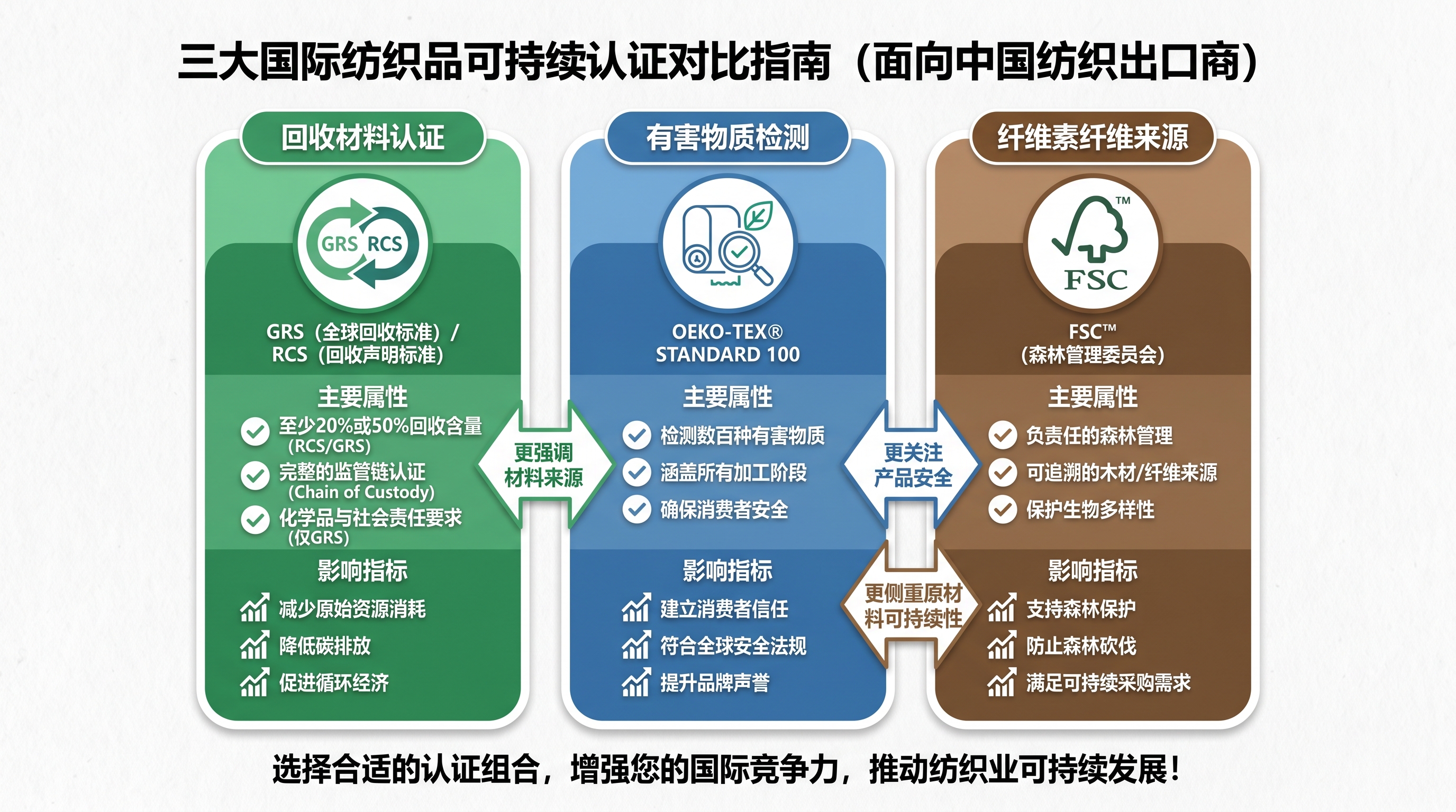 GRS认证、OEKO-TEX Standard 100认证、FSC认证对中国纺织出口商的对比分析图示