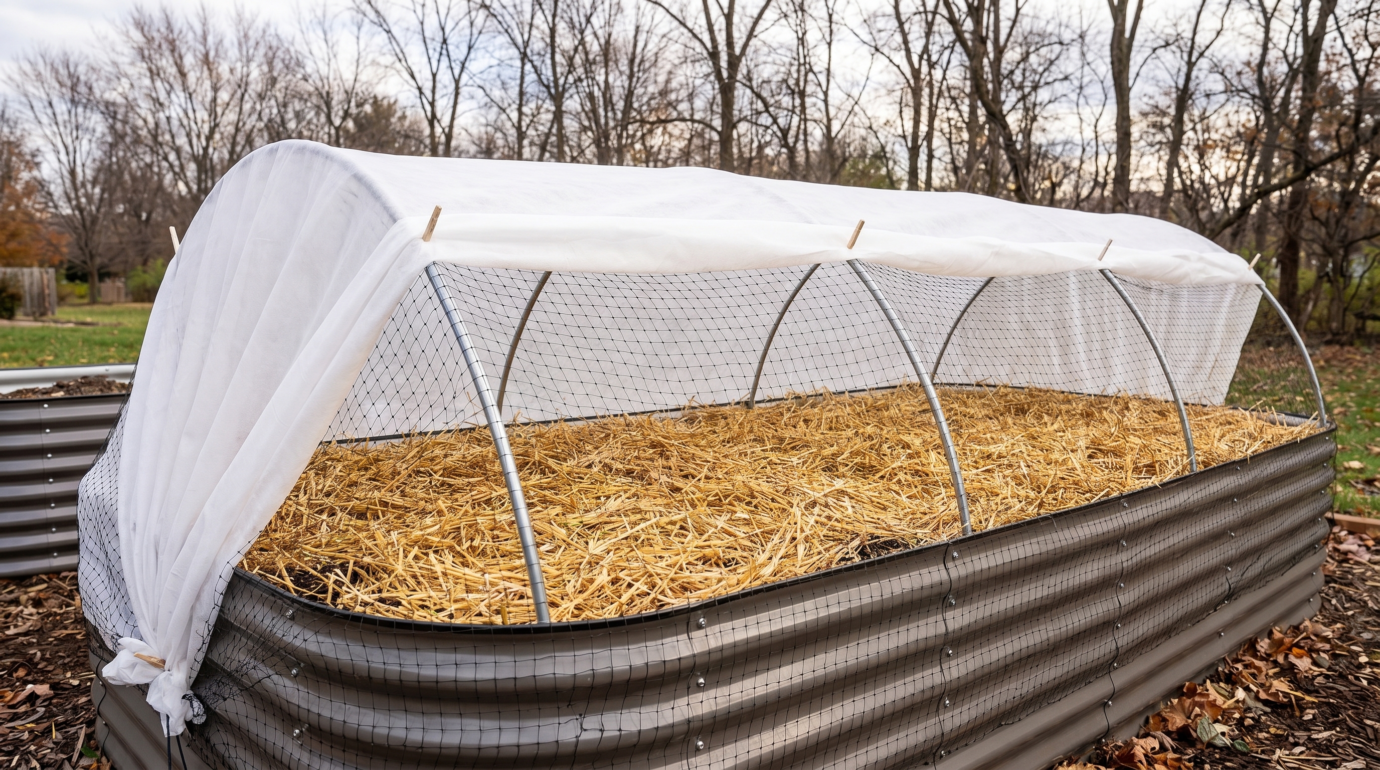 Raised garden bed fully winterized with straw mulch, frost cloth, and protective netting installed before the first frost