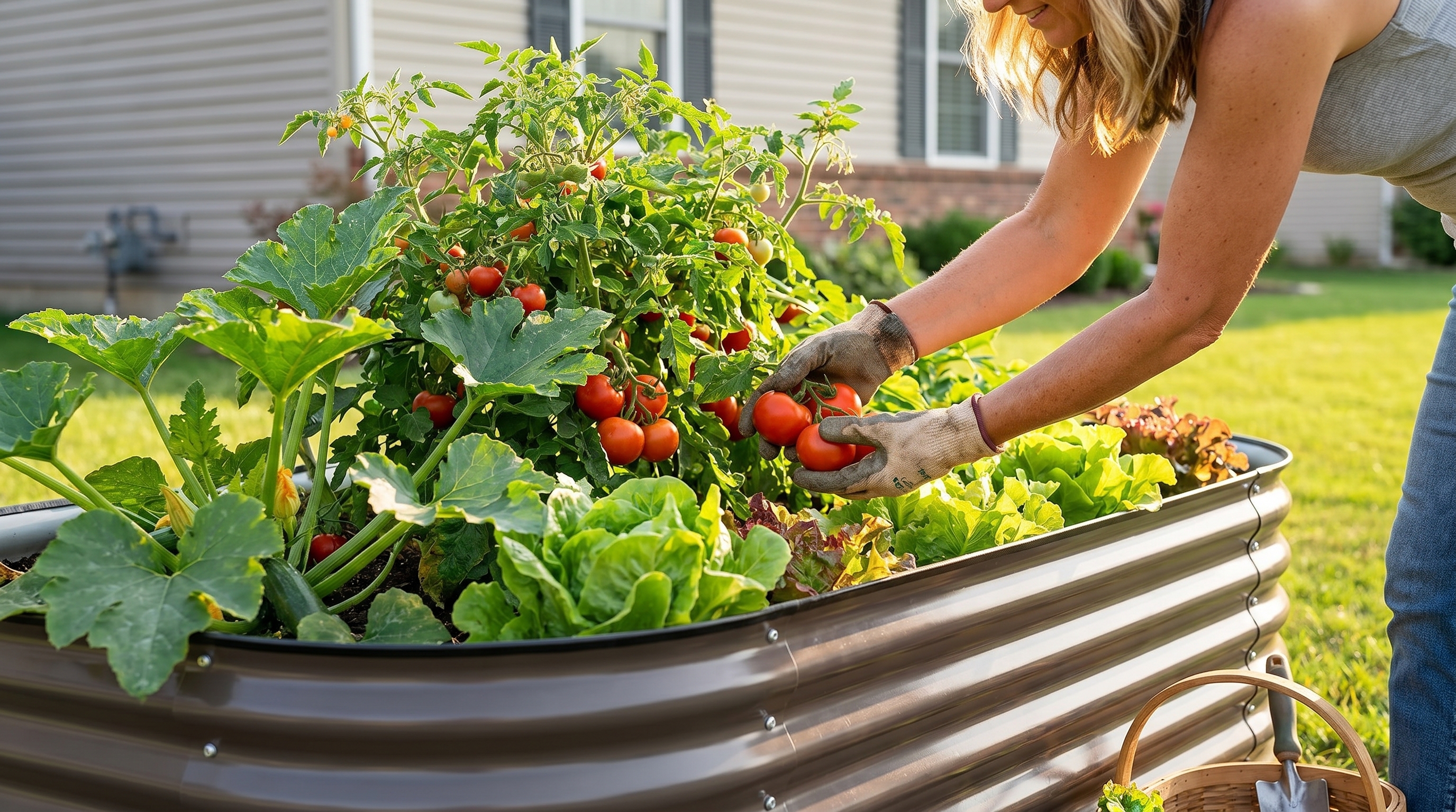 A beginner harvesting fresh vegetables from a raised garden bed filled with thriving plants