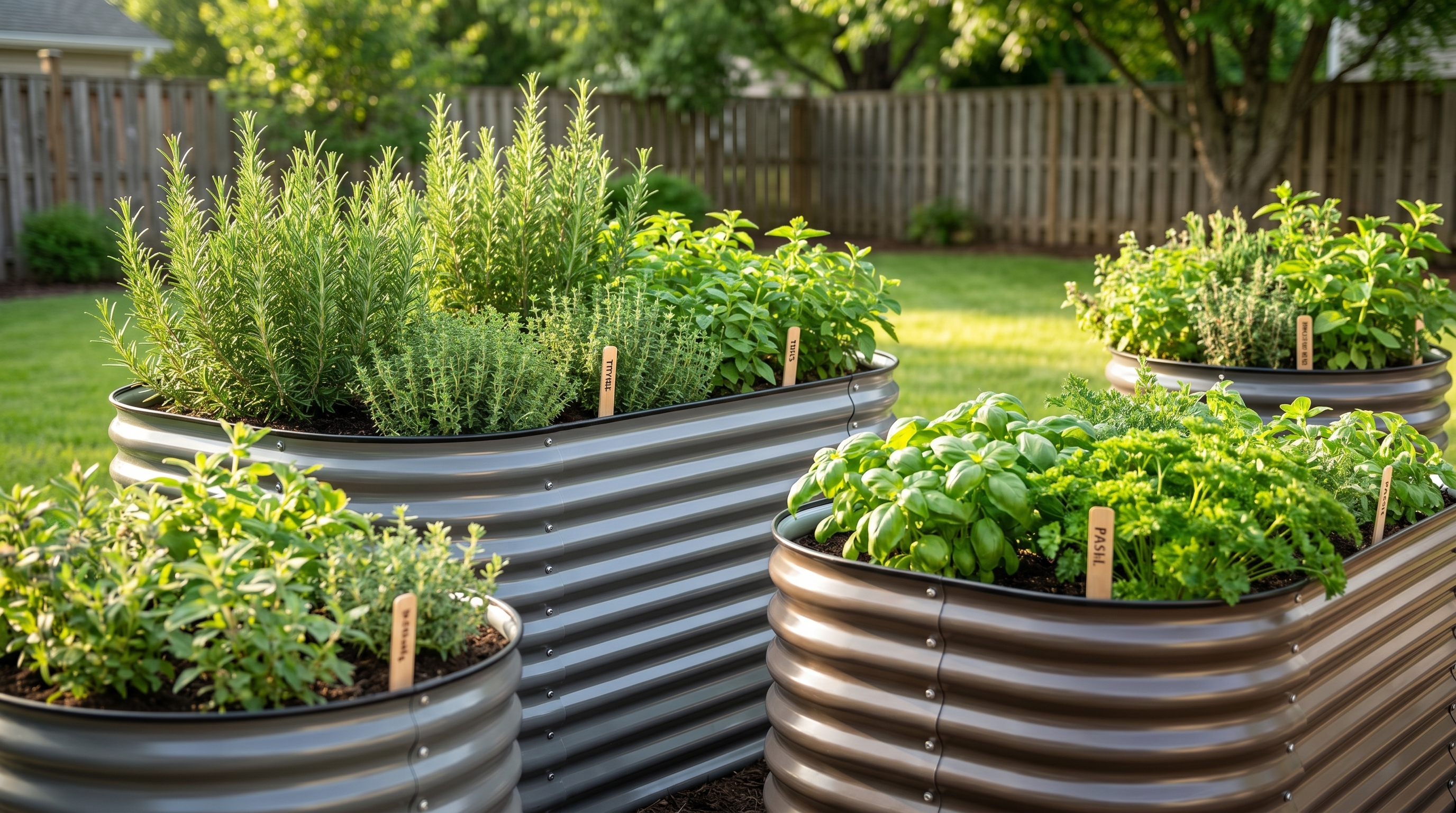 A thriving herb garden growing in a metal raised garden bed with organized raised bed planting layout