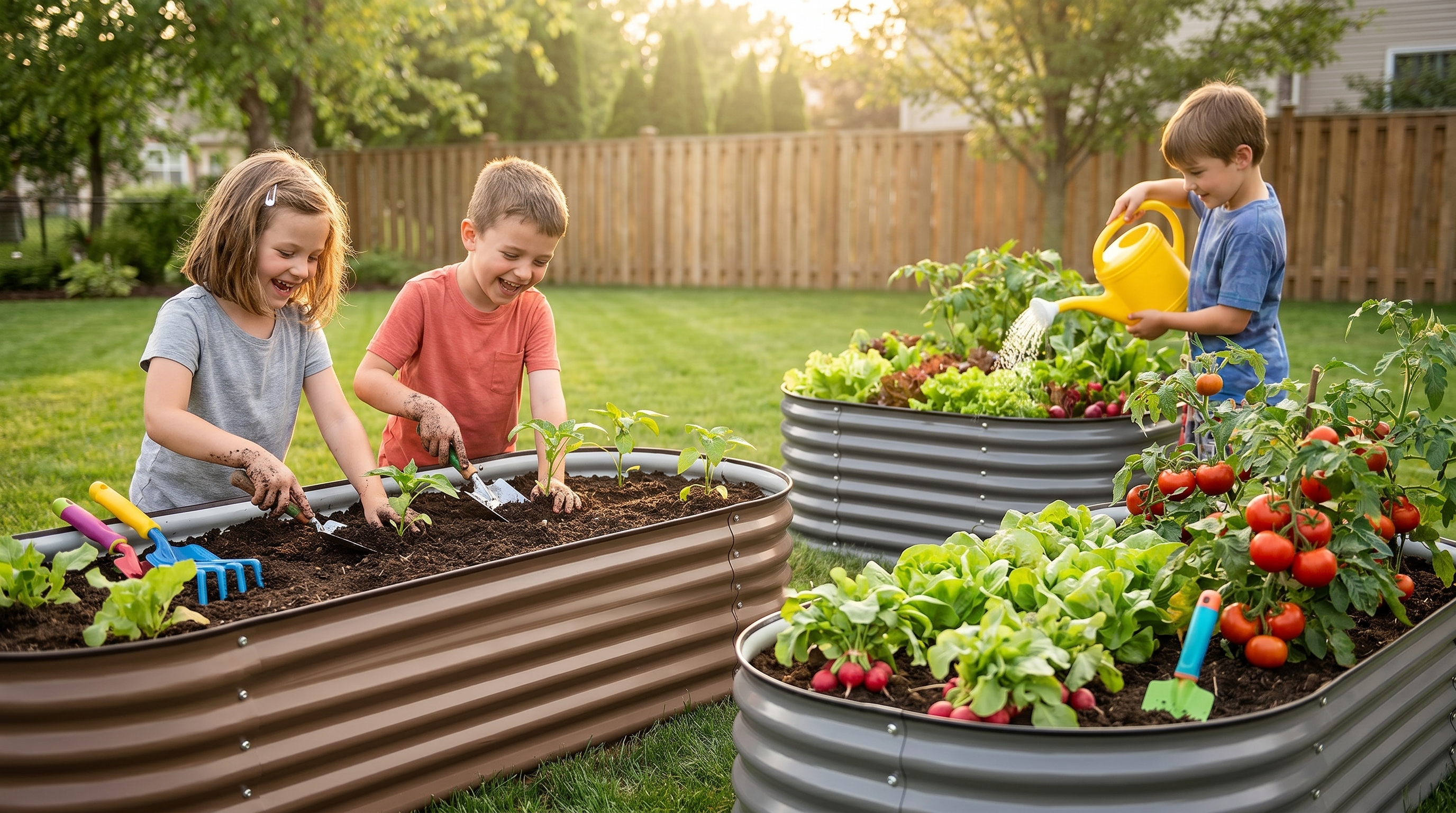 Colorful raised garden beds filled with vegetables and herbs, kids gardening together outdoors Colorful raised garden beds filled with vegetables and herbs, kids gardening together outdoors
