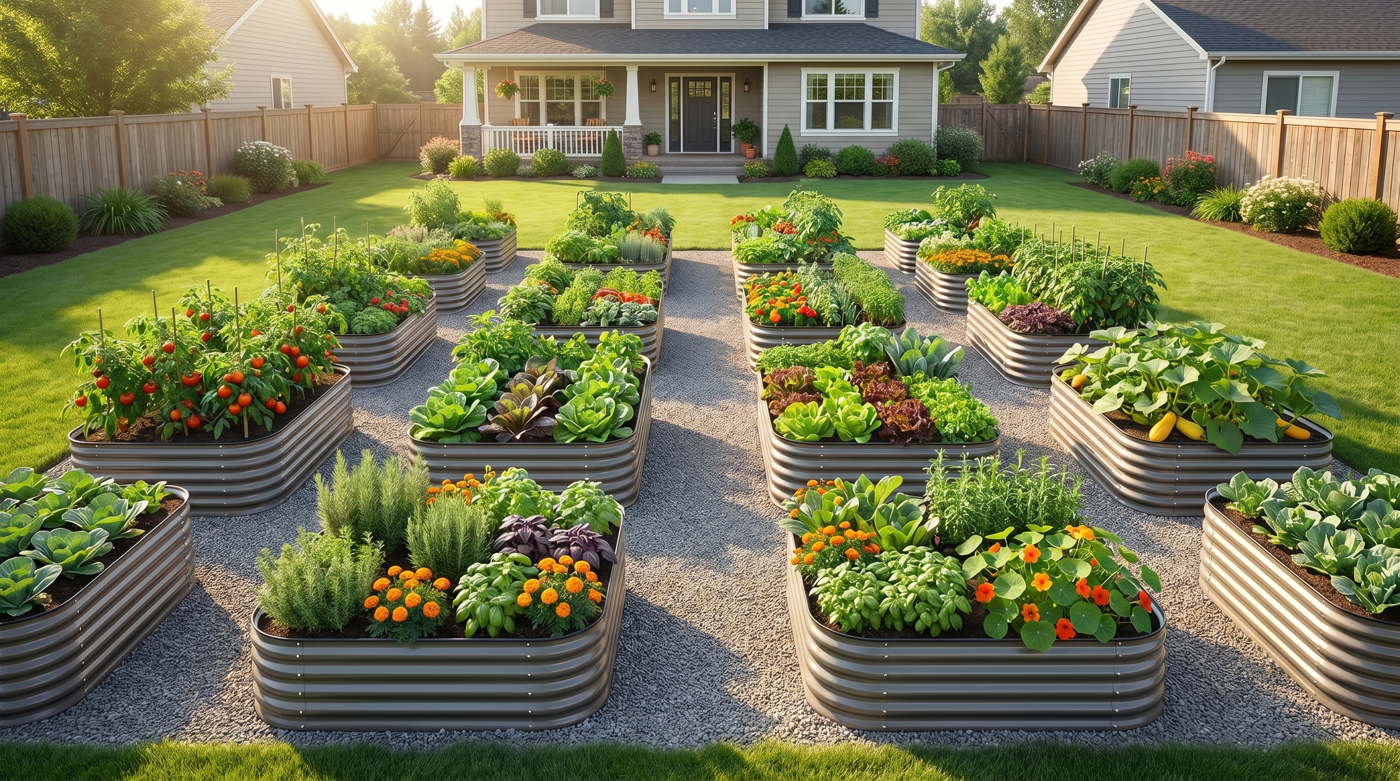 Metal raised garden bed setup in a backyard with a multi-bed raised bed garden layout