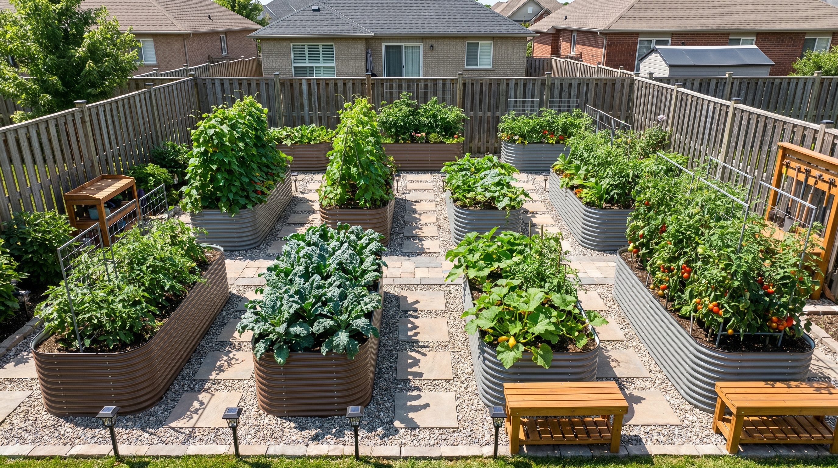 Metal raised garden beds with organized vegetable planting layout in a sunny backyard