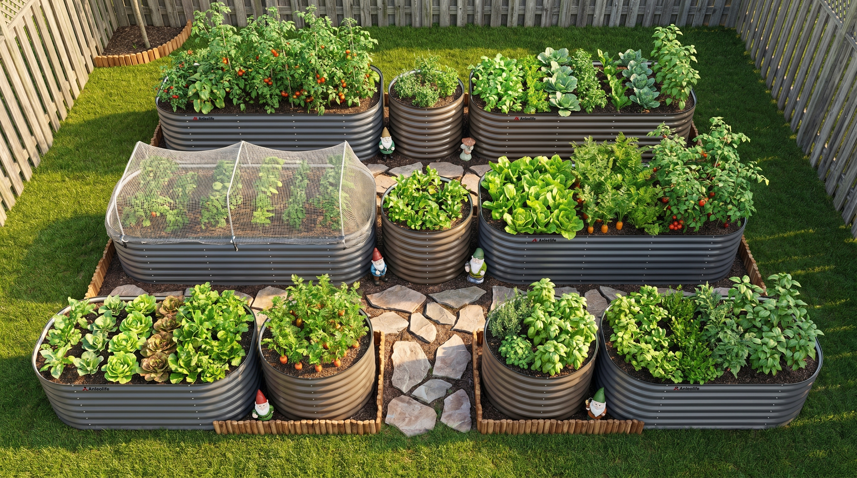 Overhead view of a well-organized raised bed planting layout with netting, ornaments, and metal garden beds