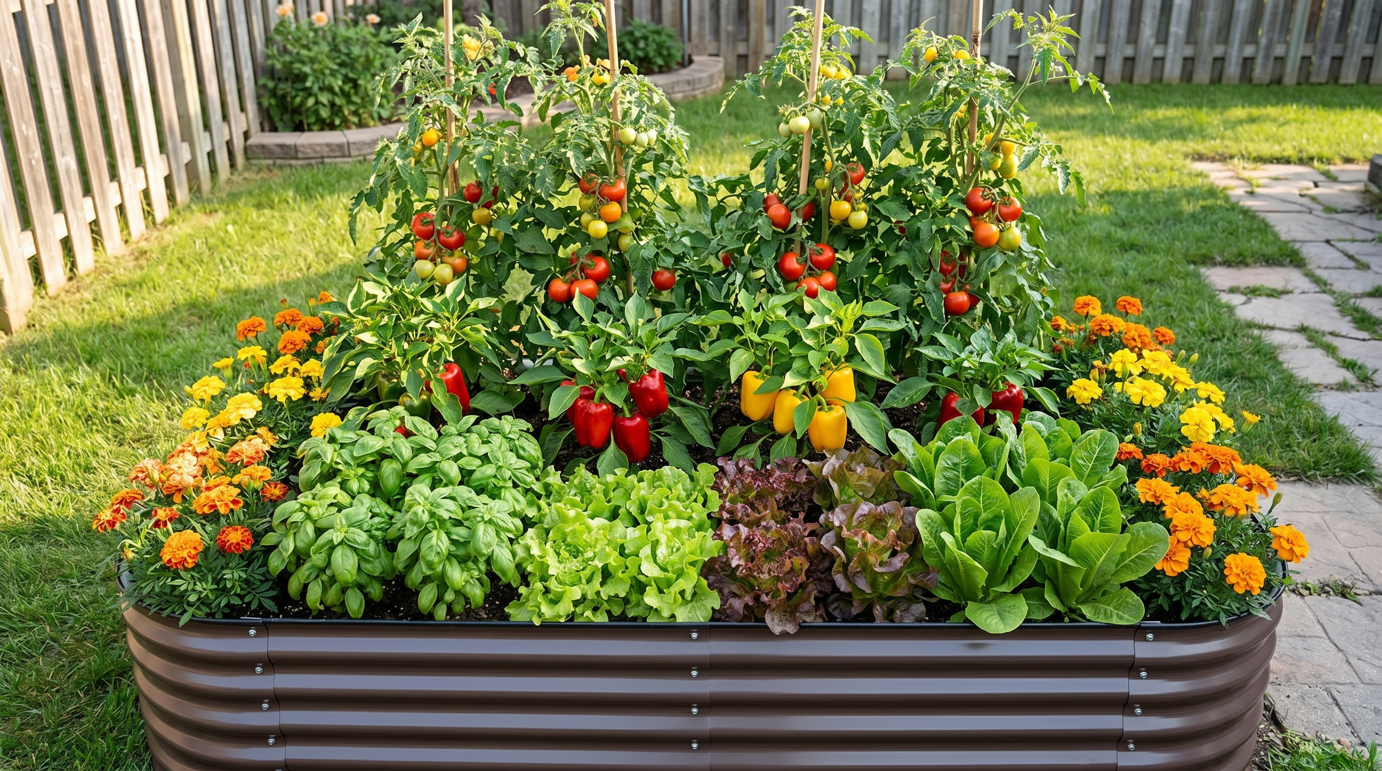 Colorful raised garden bed showing companion planting layout with tomatoes, basil, lettuce, and peppers