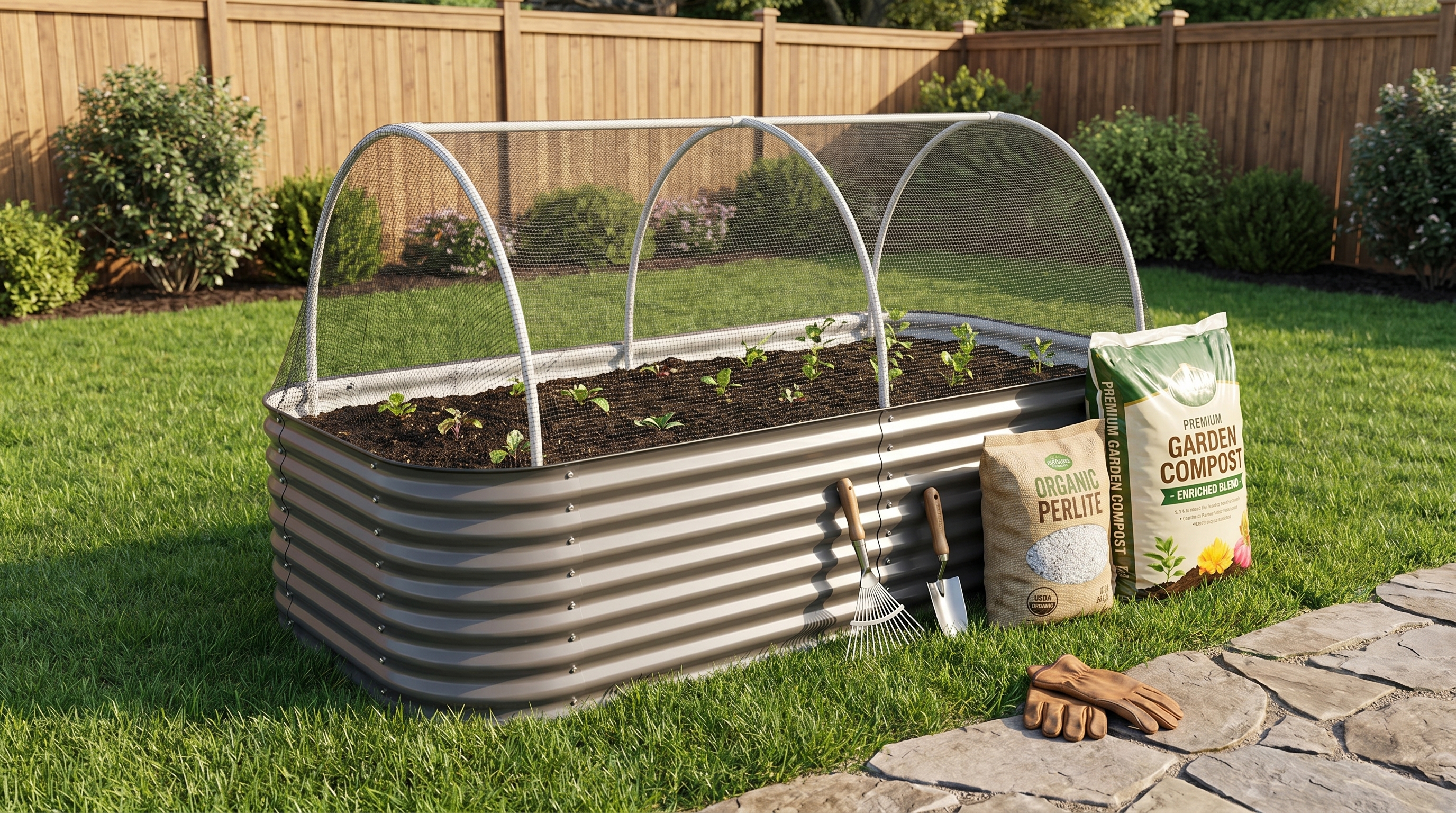 Raised garden bed with soil blend and tools ready for summer planting season
