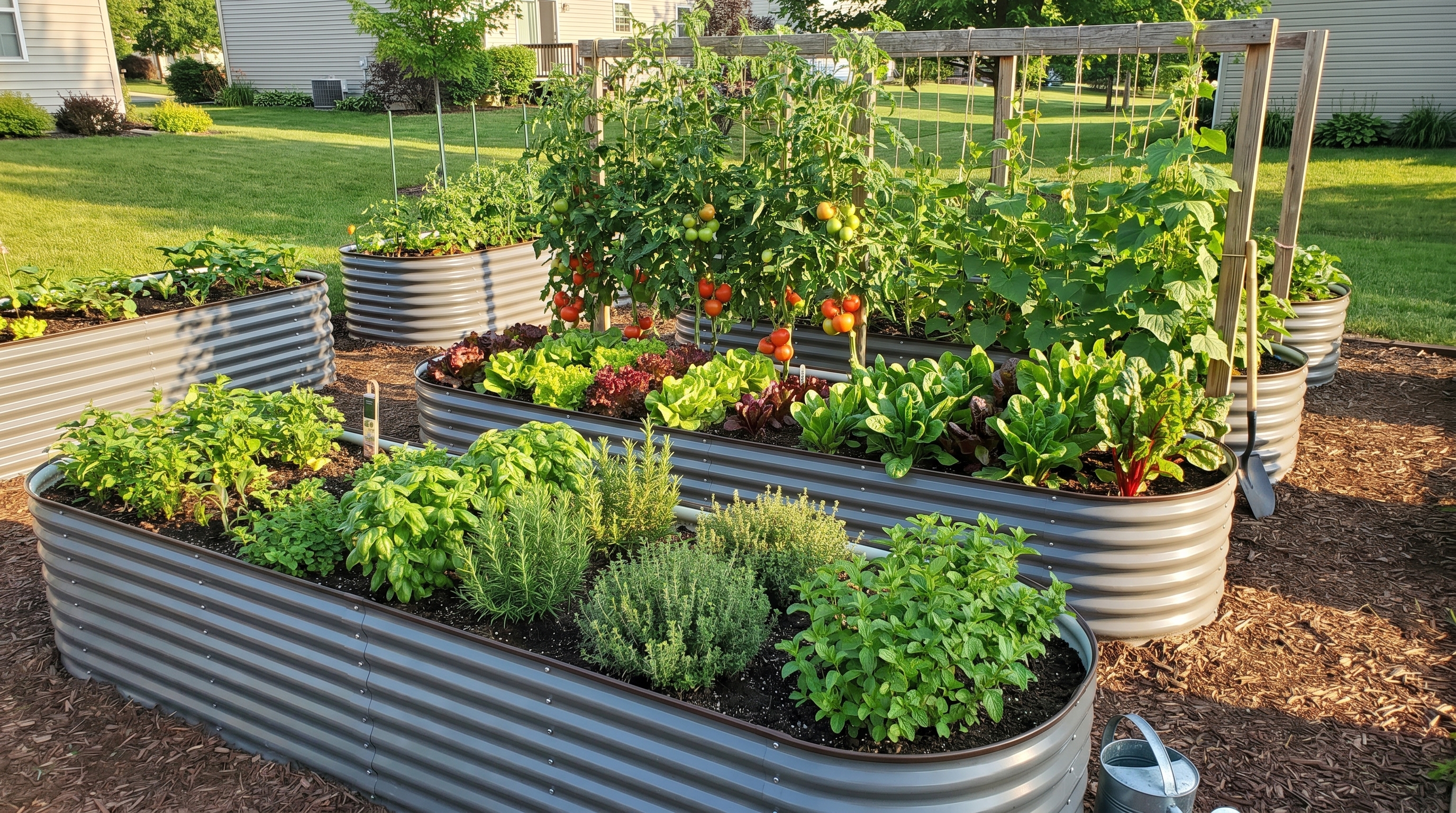 Raised bed vegetable garden layout with tomatoes cucumbers herbs and greens in summer