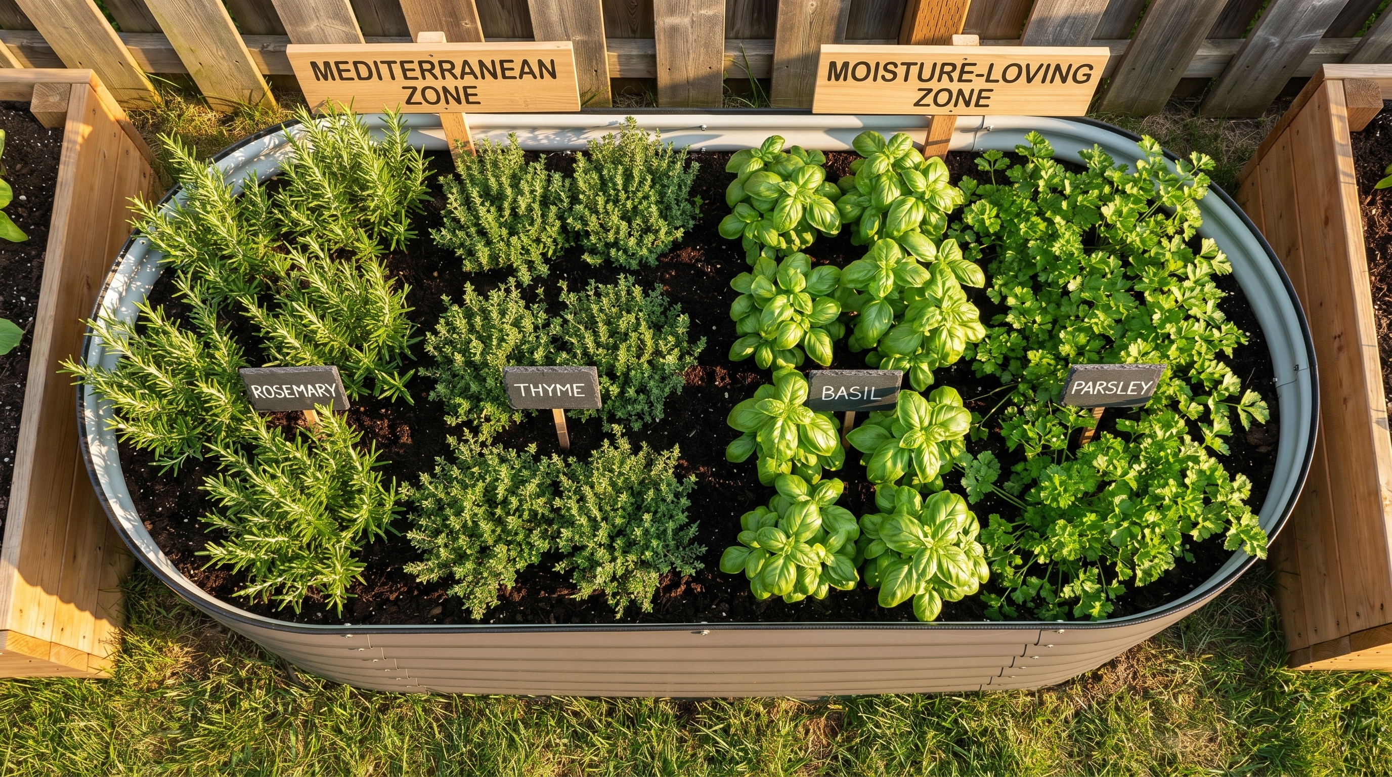 A well-organized raised bed herb garden layout showing Mediterranean and moisture-loving herb zones with labeled plants