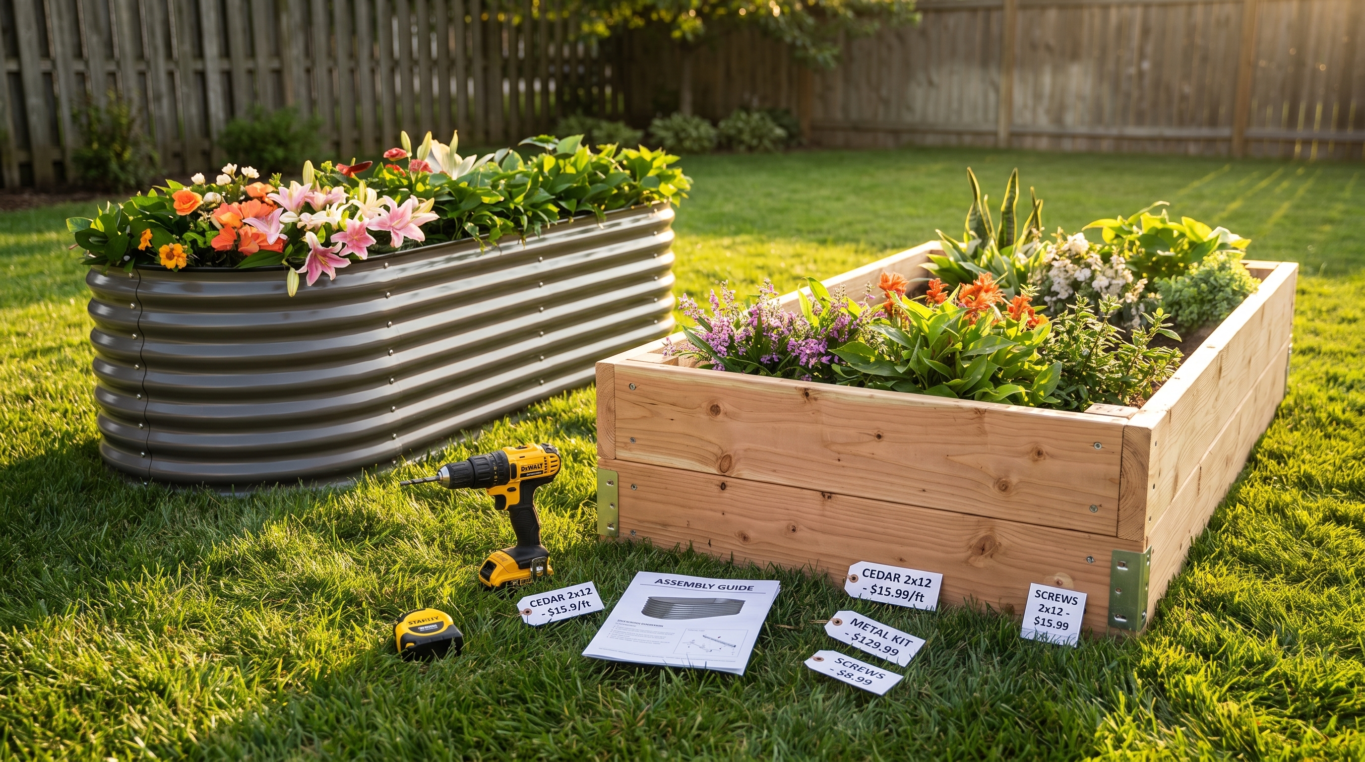 Raised Garden Bed Kits vs DIY Build cost comparison showing tools, materials, and finished garden beds