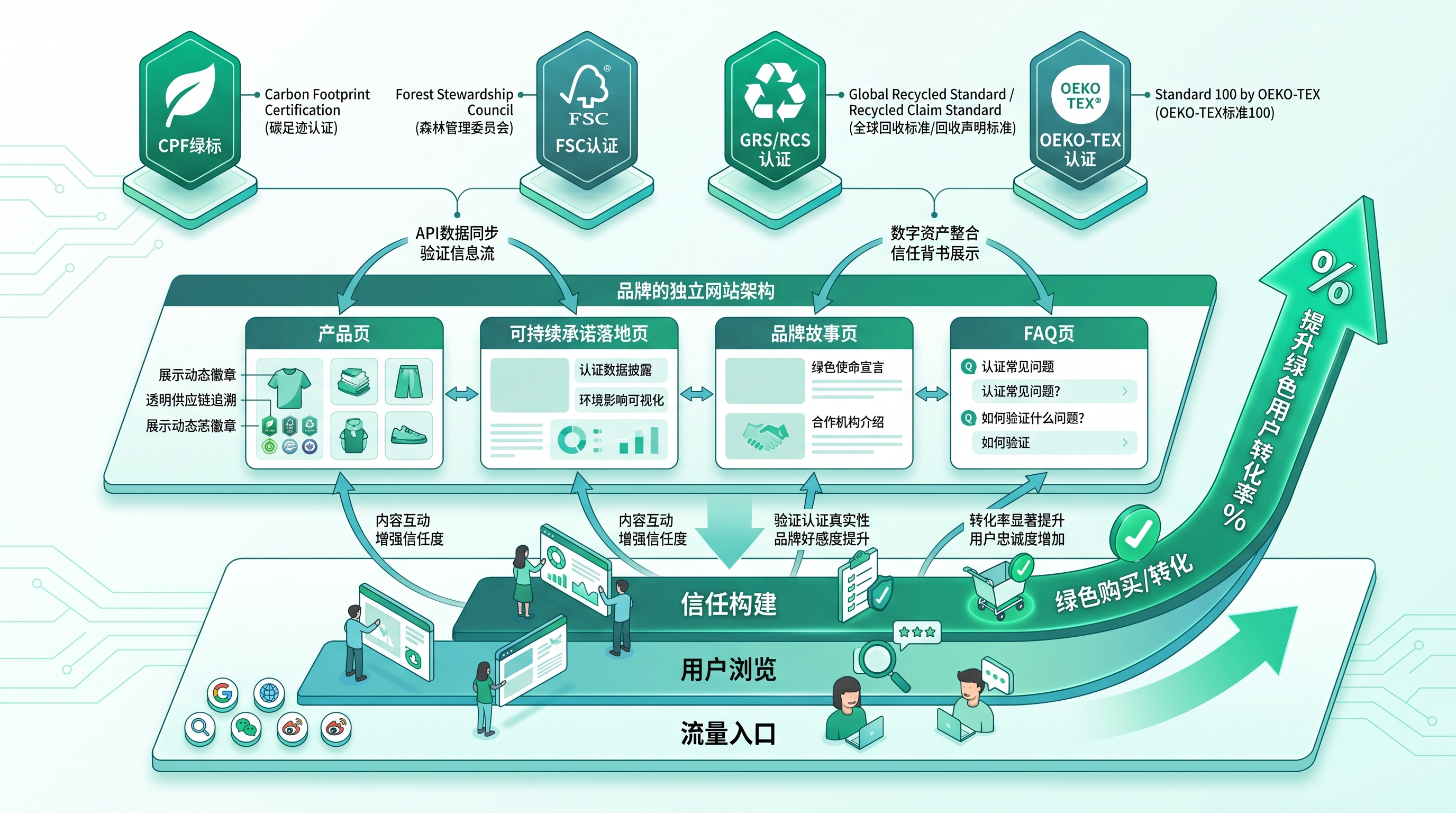 独立站绿色认证内容架构与用户转化路径示意图