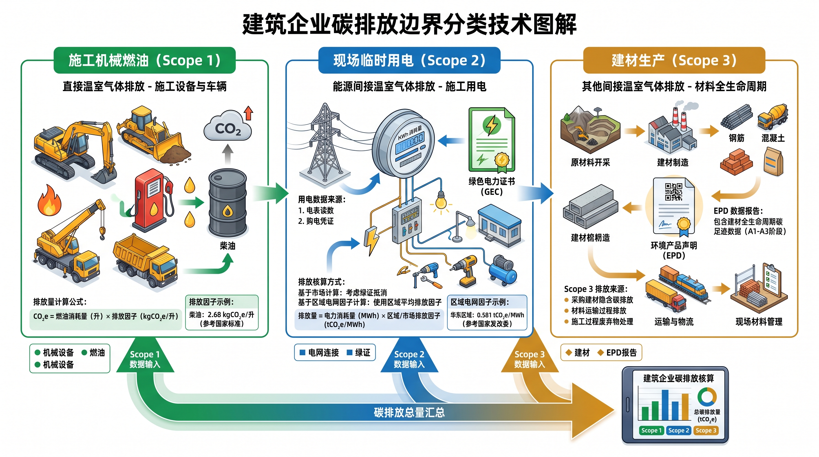建筑施工碳盘查三大排放源边界处理示意图:Scope1施工机械、Scope2临时用电、Scope3建材生产排放核算方法对比