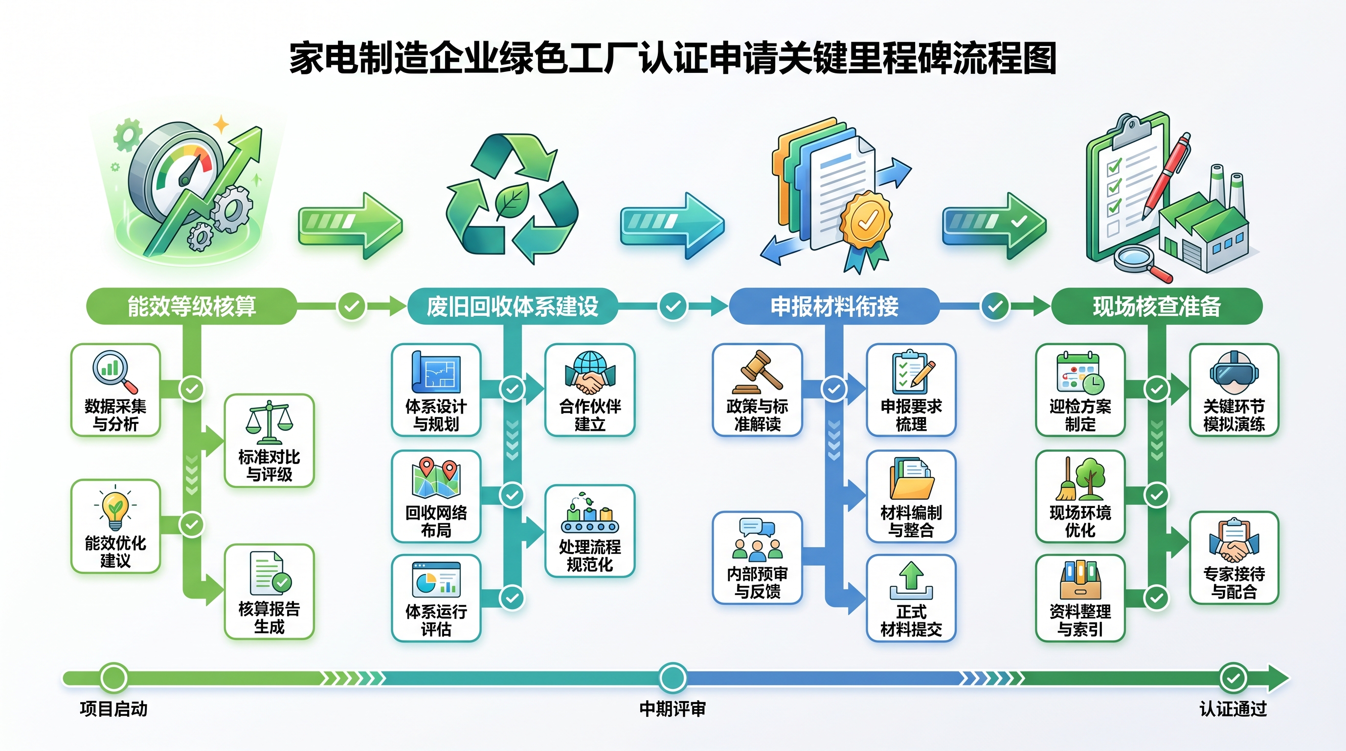 家电制造企业绿色工厂申报流程图:能效核算与废旧回收体系建设关键节点