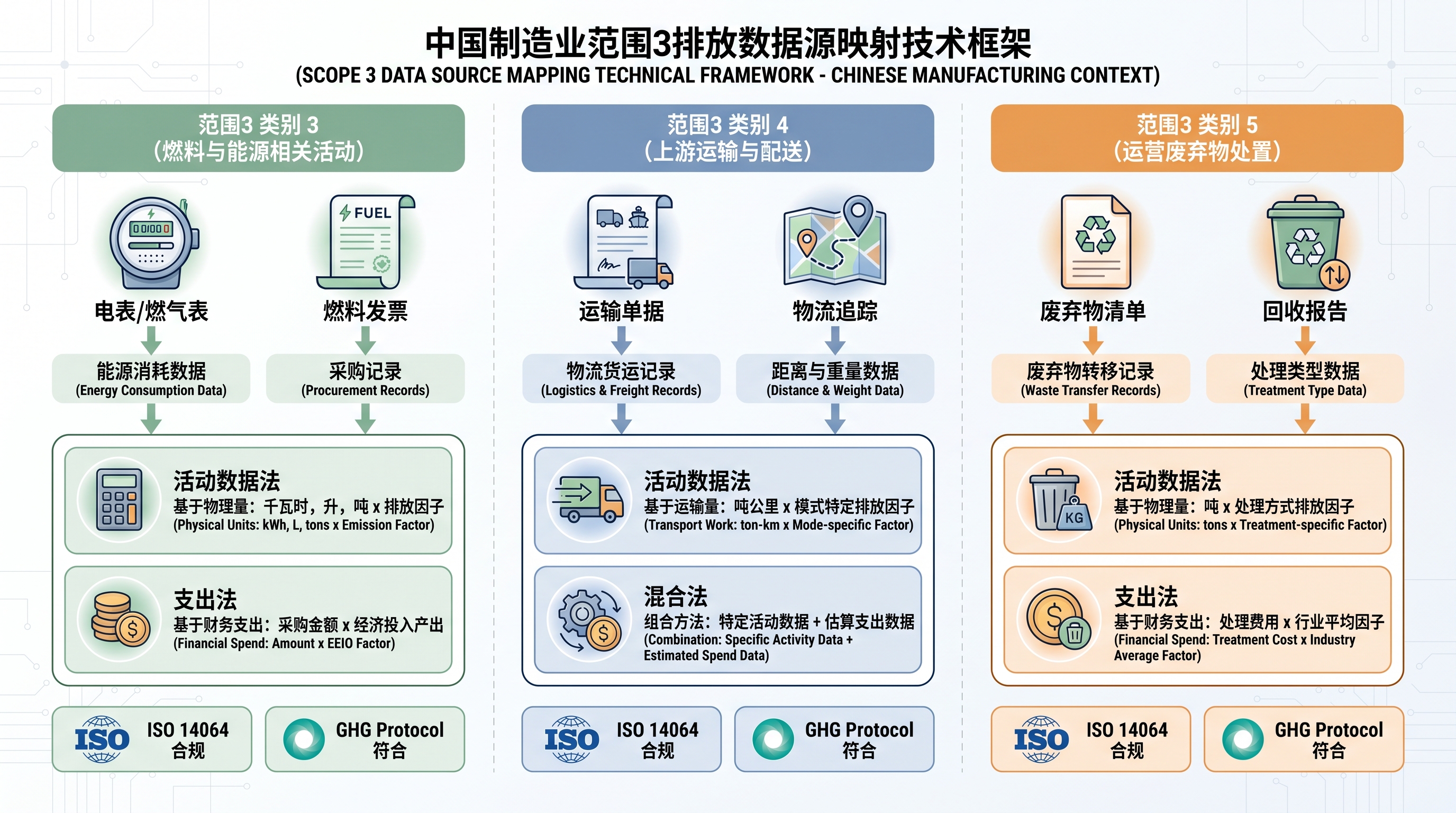 制造企业Category 3至5排放核算数据来源框架示意图