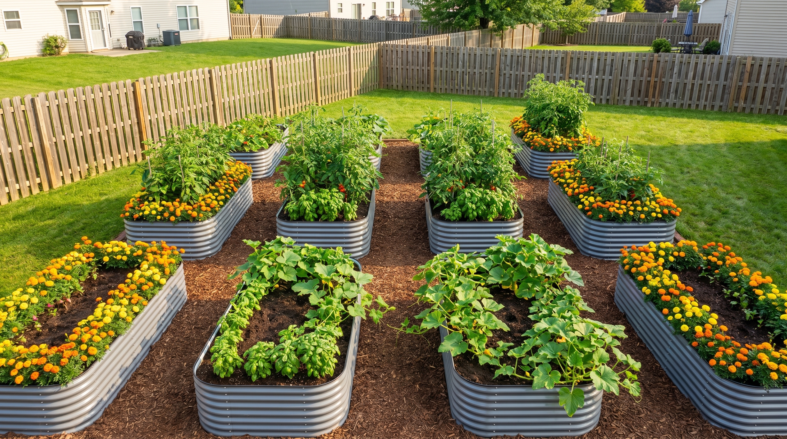 Modular galvanized steel raised garden beds arranged in a companion planting layout with vegetables and herbs growing in a sunny backyard Modular galvanized steel raised garden beds arranged in a companion planting layout with vegetables and herbs growing in a sunny backyard