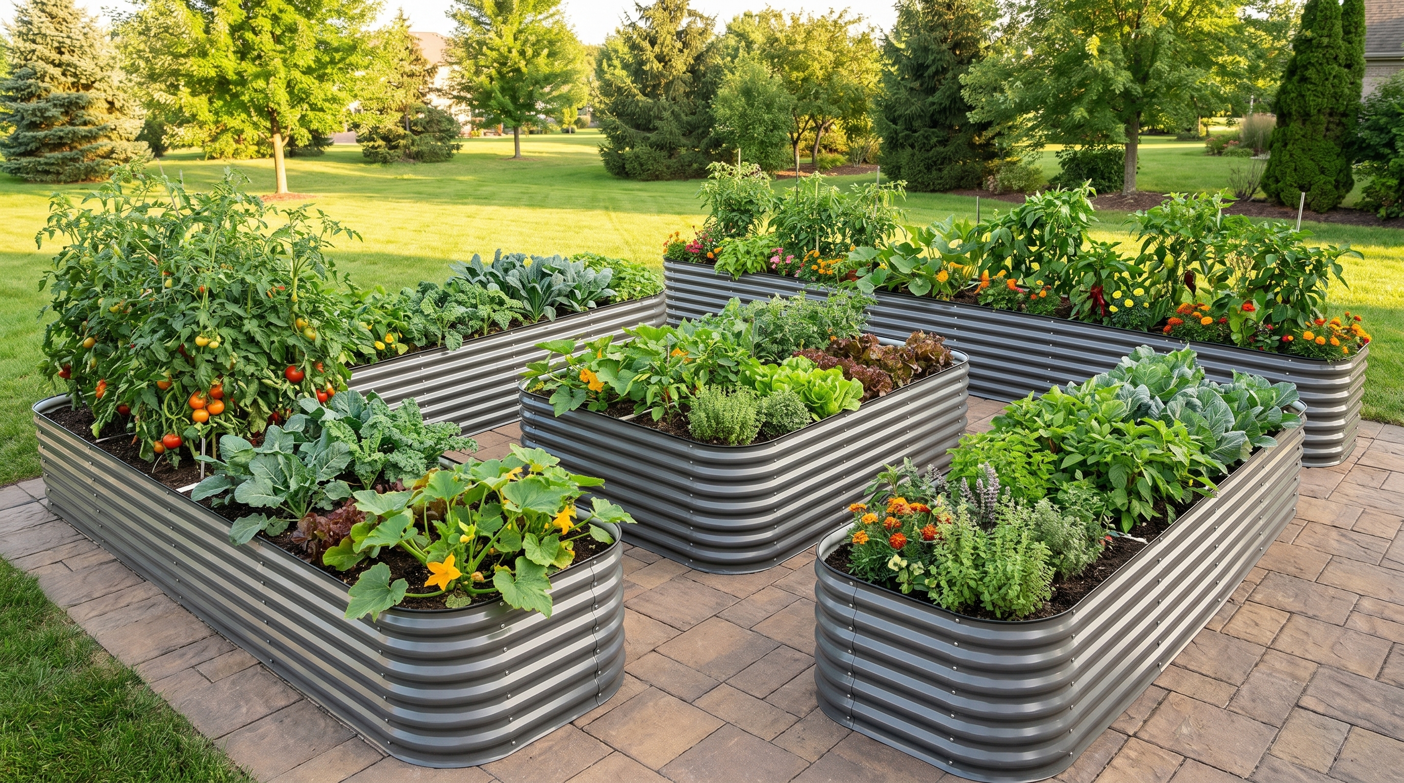 Modular raised garden beds arranged in a U-shape layout with vegetables growing in a sunny yard Modular raised garden beds arranged in a U-shape layout with vegetables growing in a sunny yard
