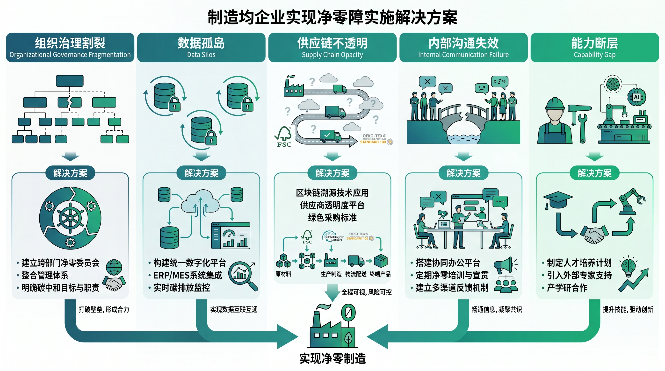 净零路线图内部推进五大障碍解决方案框架图