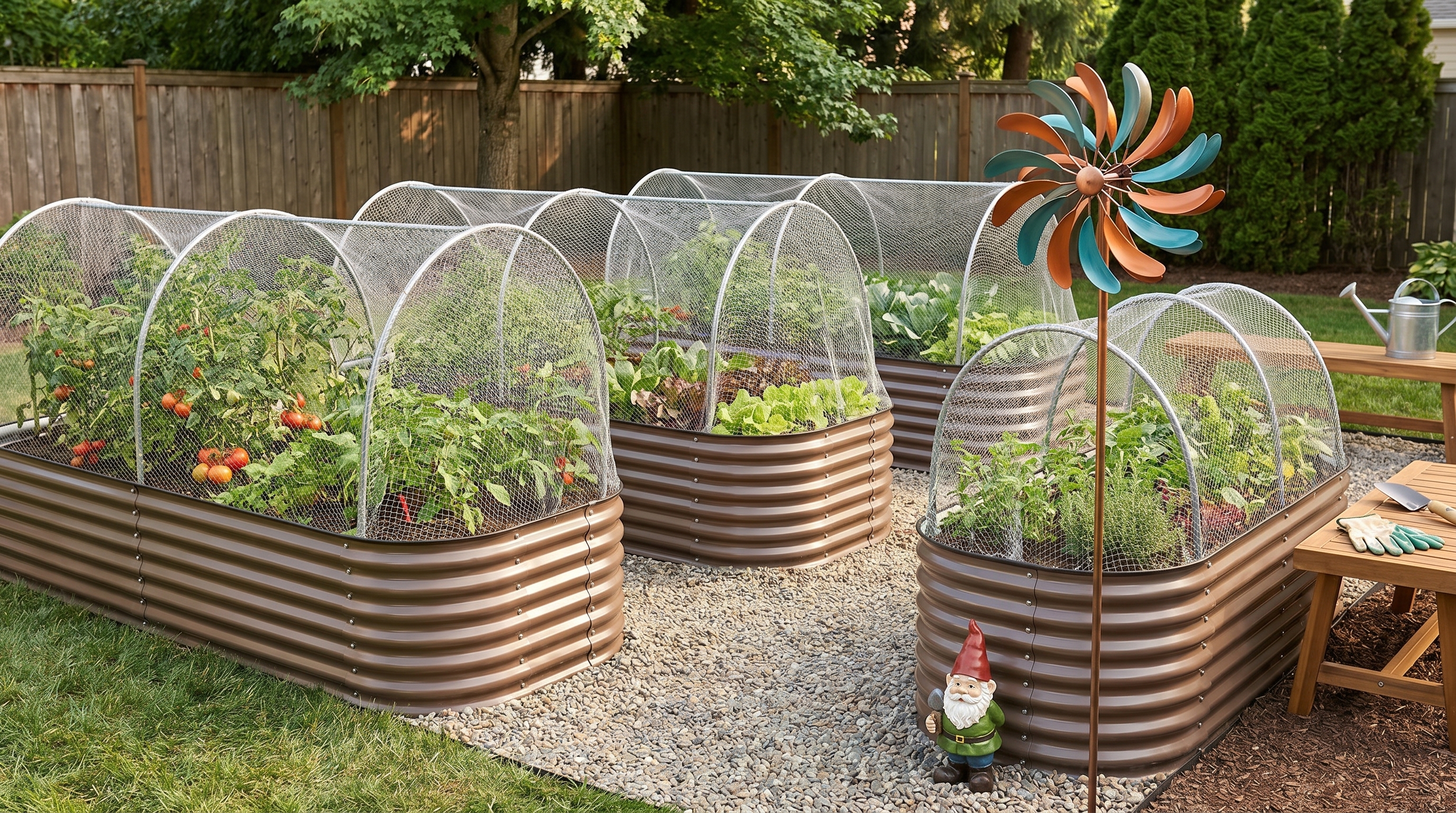 A modular raised garden bed layout in a small backyard with hoop netting, pathway stones, and a wind spinner accent A modular raised garden bed layout in a small backyard with hoop netting, pathway stones, and a wind spinner accent