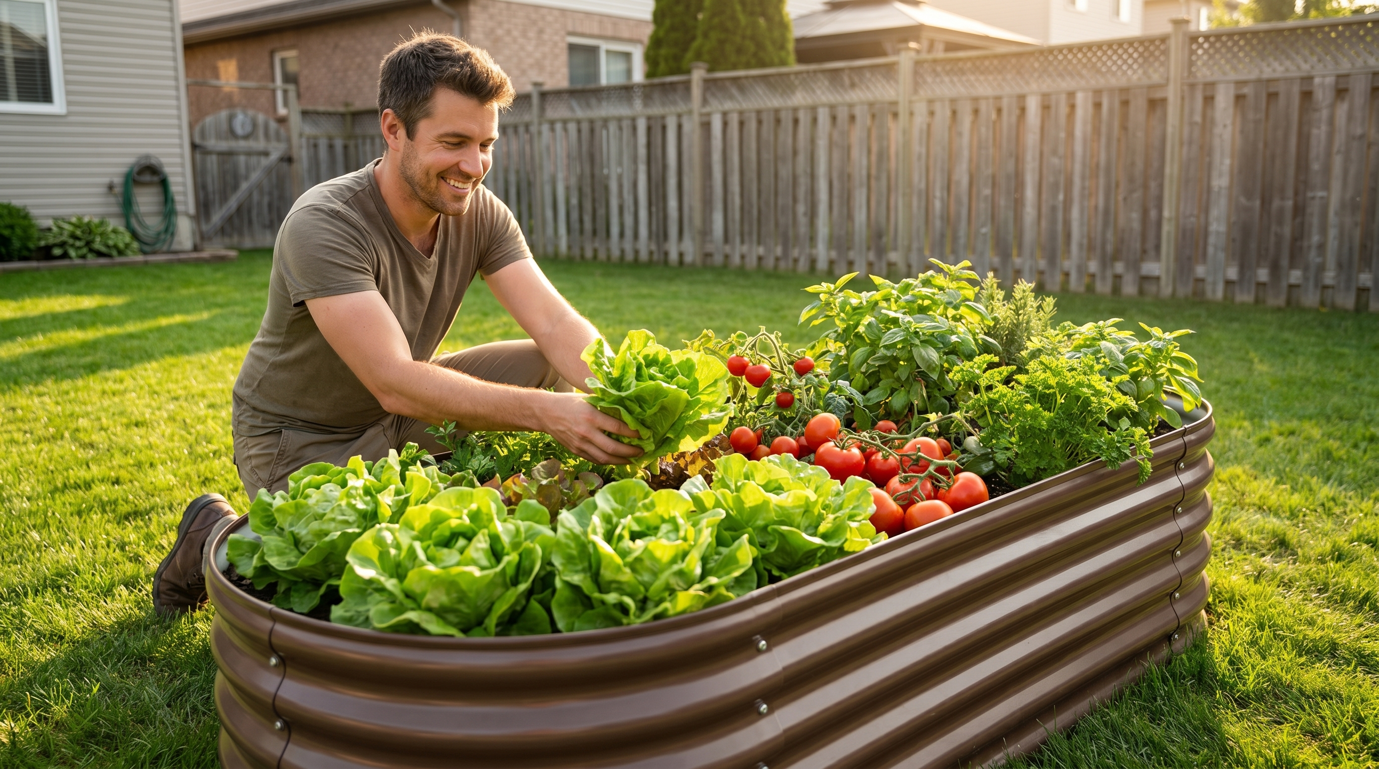 A beginner harvesting lettuce and tomatoes from a compact raised garden bed in a small backyard space