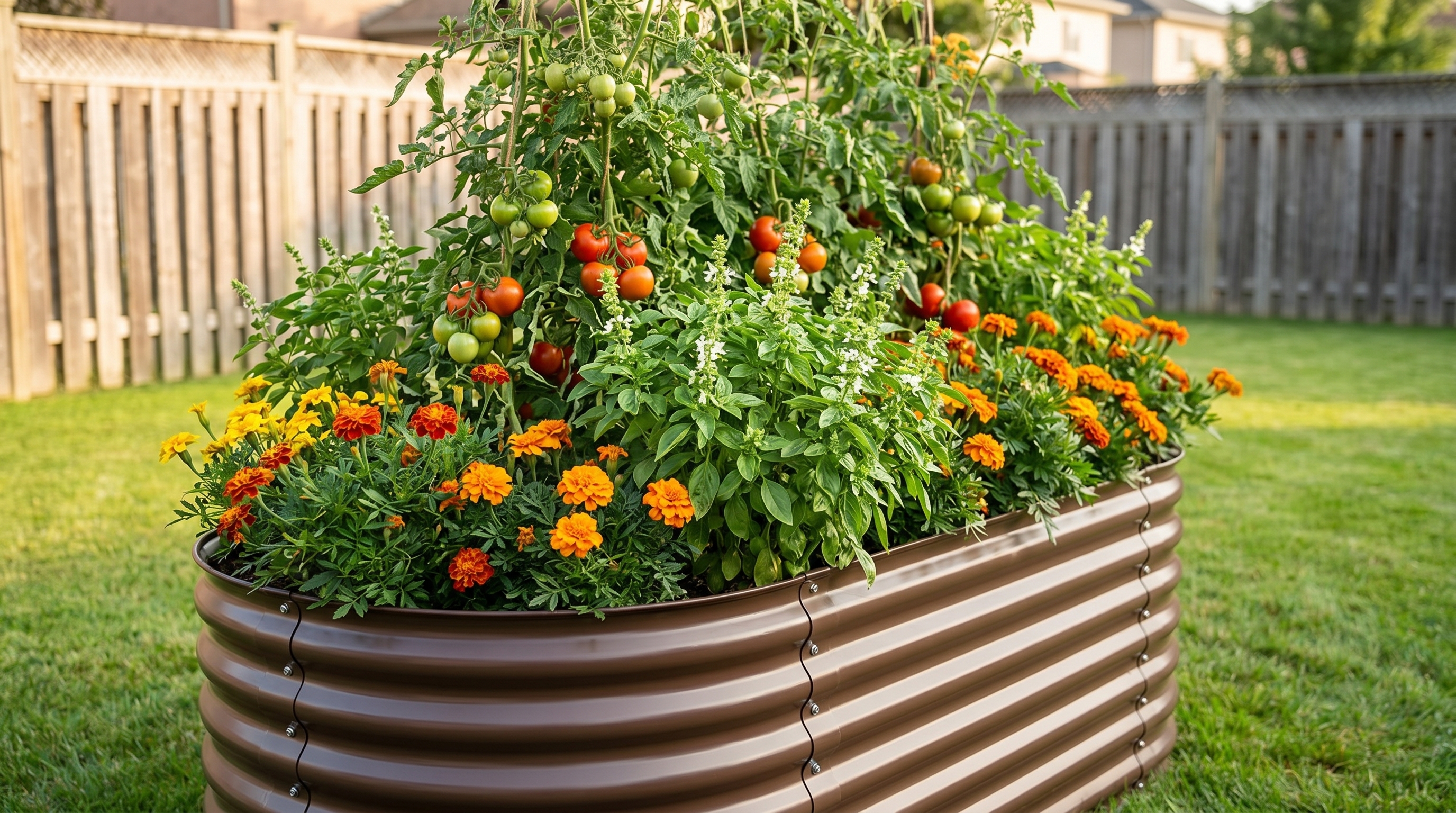 A thriving raised garden bed filled with companion plants like tomatoes, basil, and marigolds growing together
