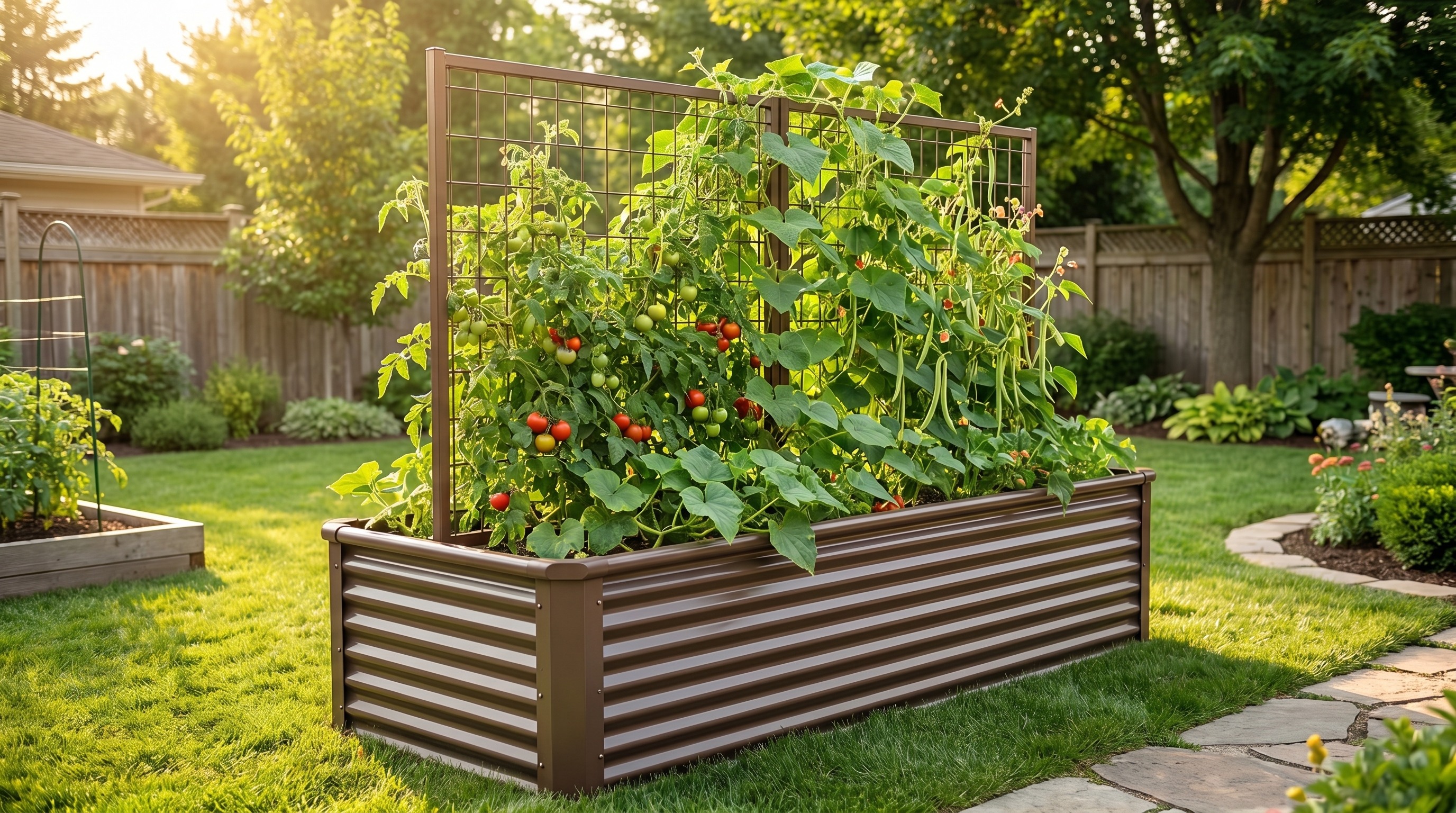 A lush raised garden bed with a vertical trellis system supporting climbing tomatoes, cucumbers, and beans in a sunny backyard A lush raised garden bed with a vertical trellis system supporting climbing tomatoes, cucumbers, and beans in a sunny backyard