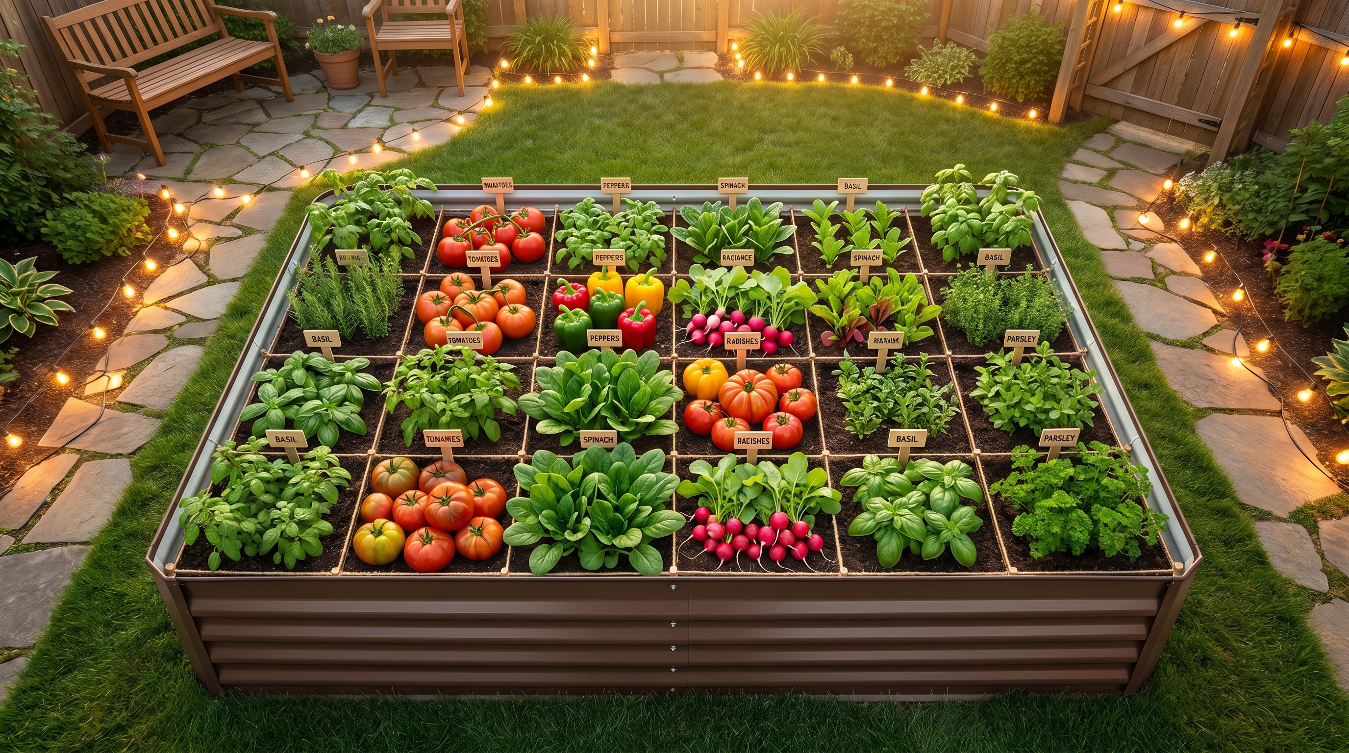 Overhead view of a square foot gardening grid in a galvanized steel raised bed with summer vegetables and string lights in the background