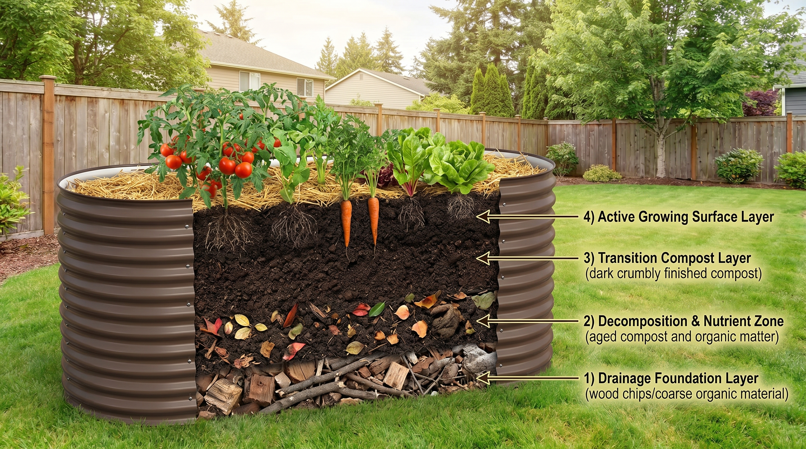 Raised garden bed cross-section showing distinct soil layers from drainage base to mulch surface for optimal vegetable growing Raised garden bed cross-section showing distinct soil layers from drainage base to mulch surface for optimal vegetable growing