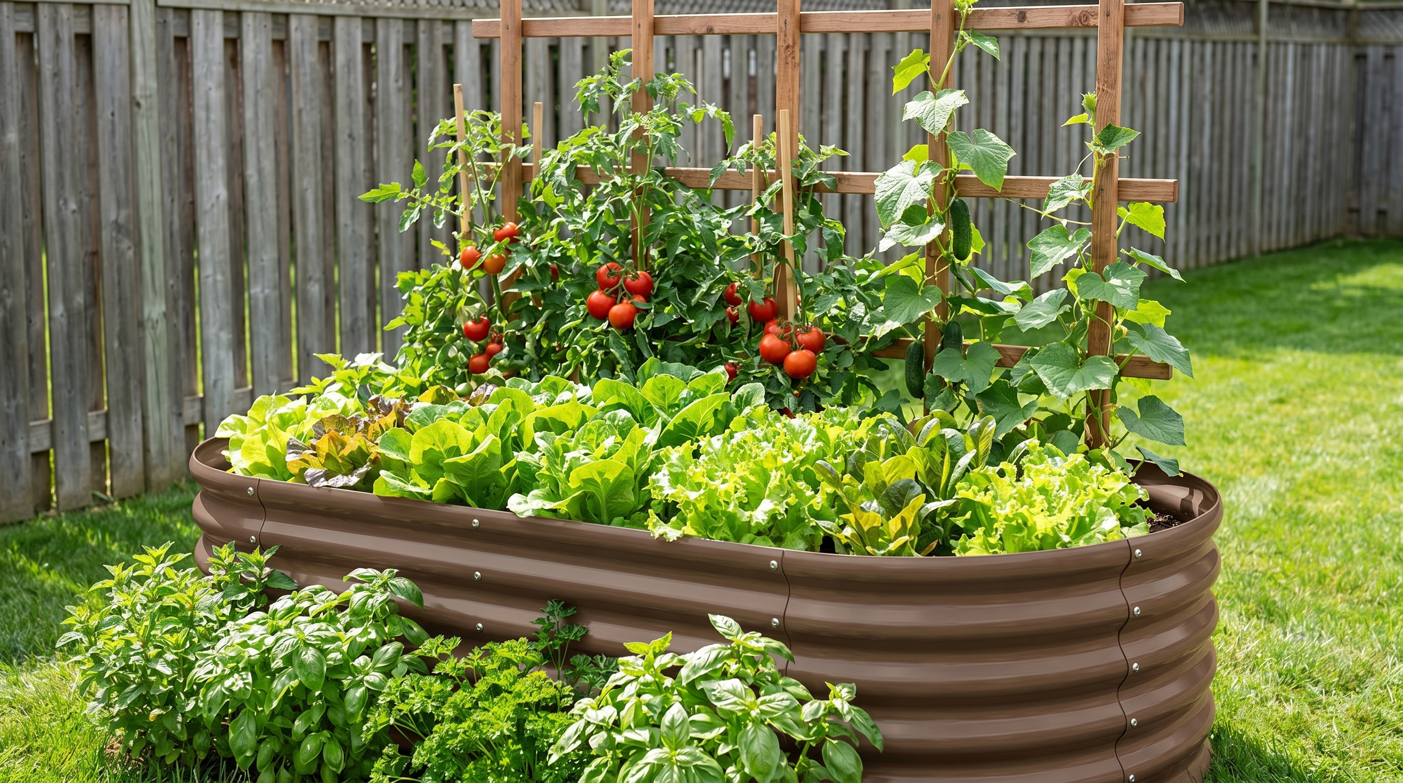 Compact raised garden bed filled with lettuce, tomatoes, cucumbers on trellis, and herbs in a small suburban backyard