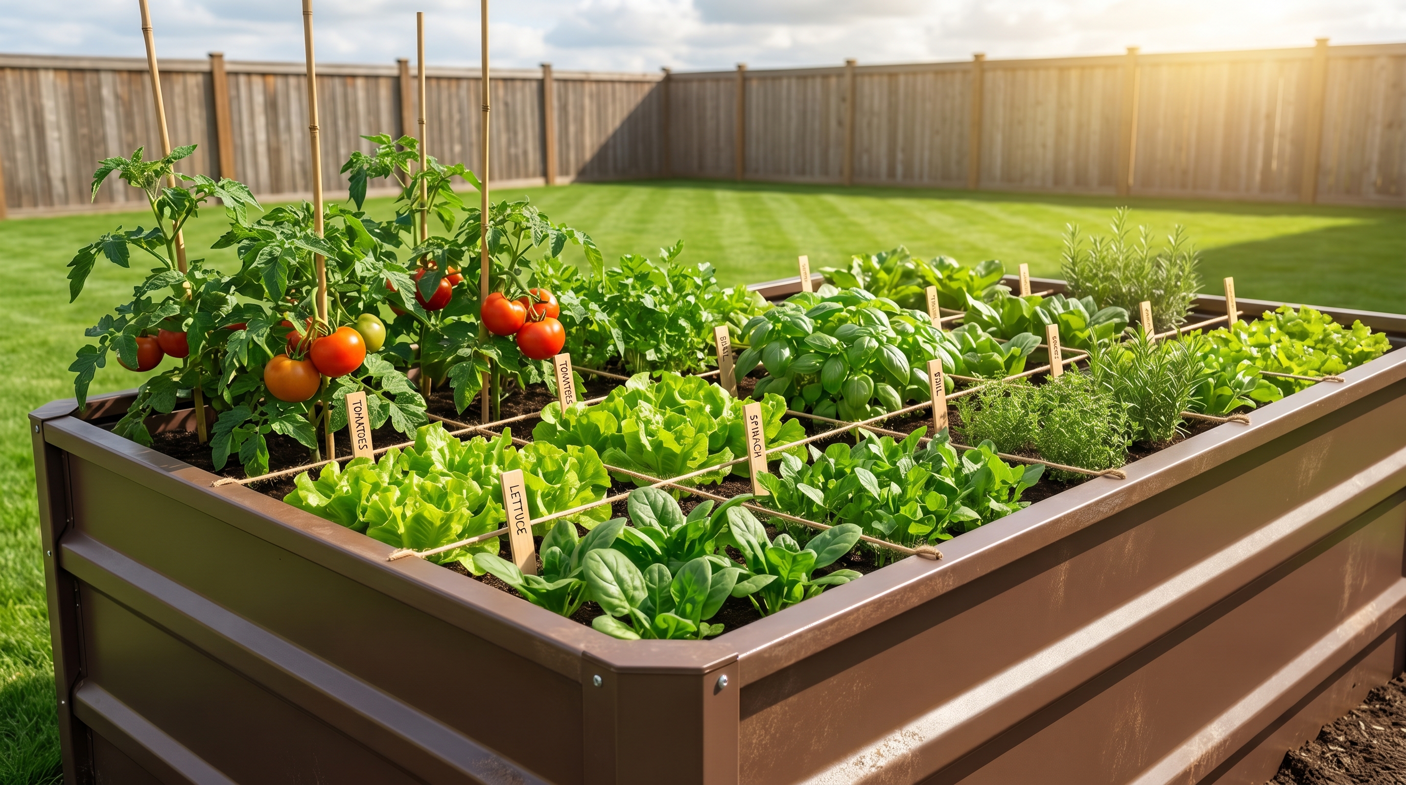 A neatly organized raised garden bed divided into square foot sections with summer vegetables growing in a sunny backyard