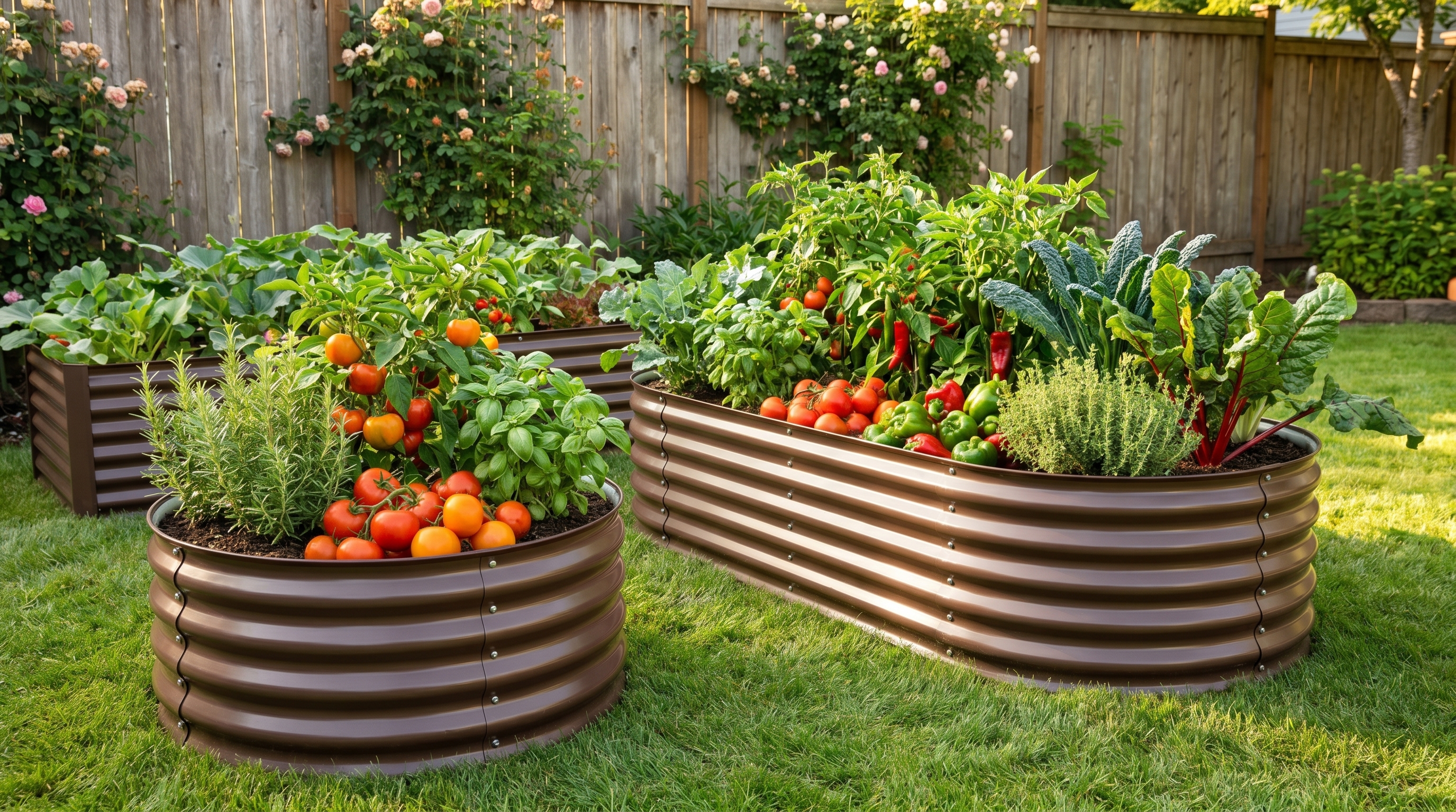 Galvanized steel raised garden beds in a well-organized backyard garden with summer vegetables growing abundantly