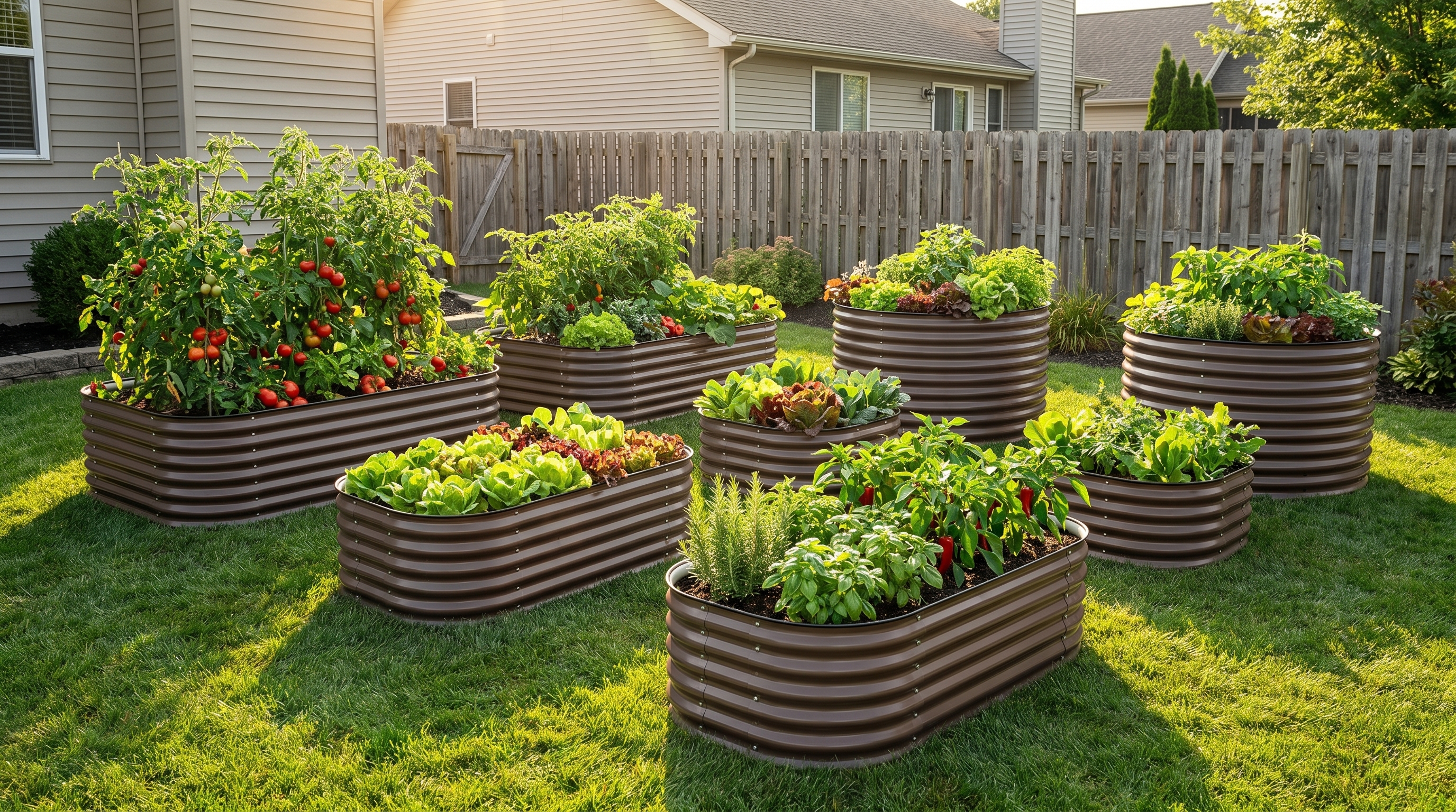 A variety of raised garden bed sizes arranged in a sunny backyard garden, showcasing the perfect fit for summer growing