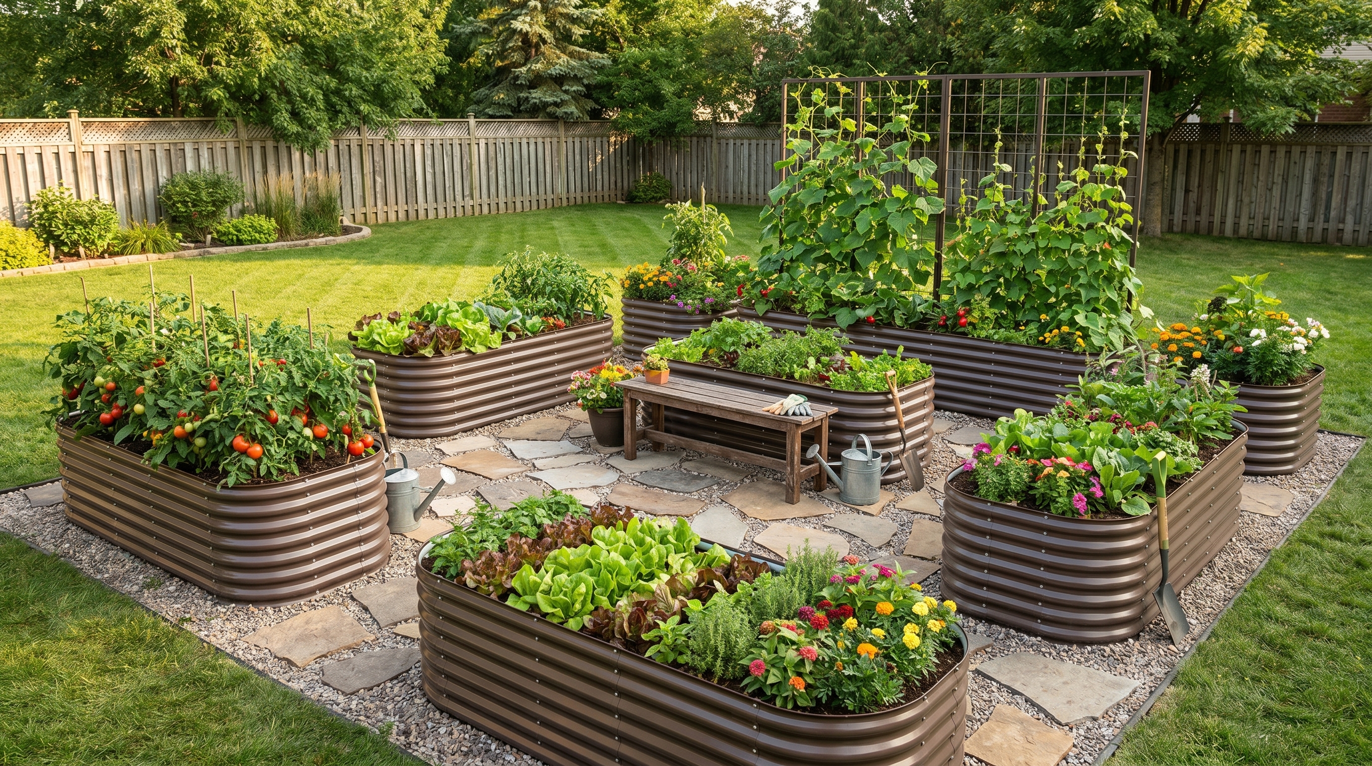 Organized backyard garden with galvanized steel raised beds, garden trellis, and pathway system for summer expansion