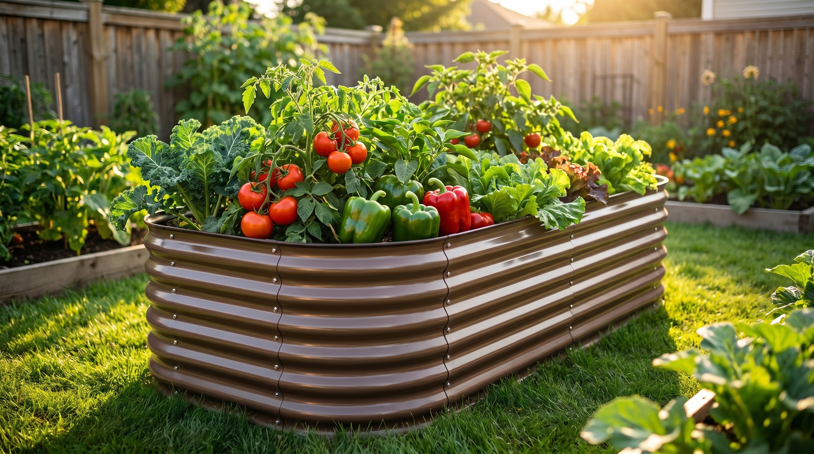 A thriving raised garden bed filled with summer vegetables including tomatoes, peppers, and leafy greens A thriving raised garden bed filled with summer vegetables including tomatoes, peppers, and leafy greens