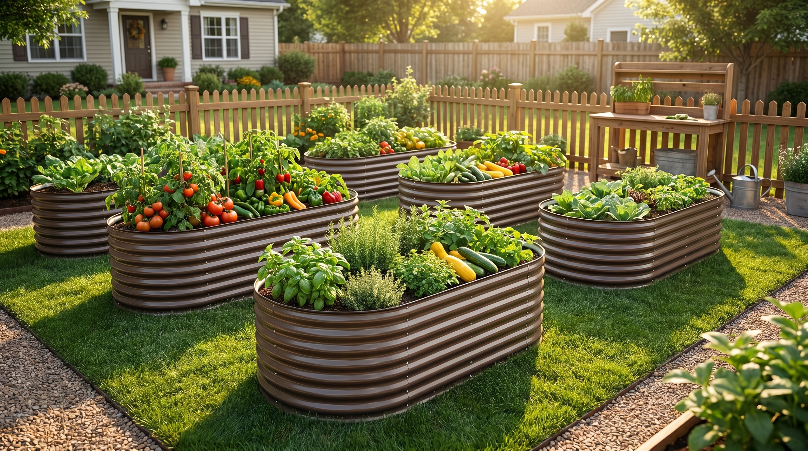 A well-organized backyard garden expansion with raised garden beds, tools, and summer plantings