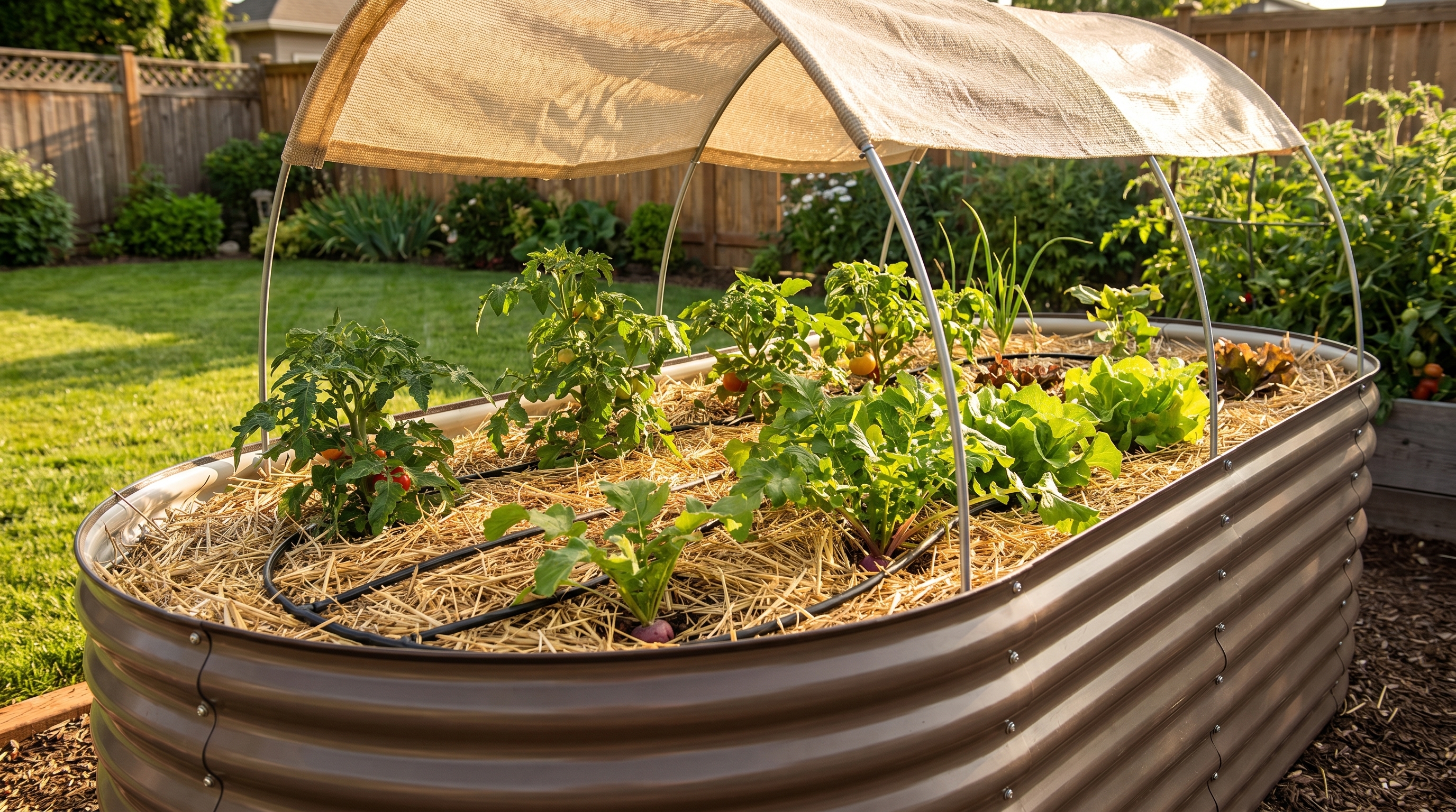 Raised garden bed with drip irrigation, organic mulch, and shade cloth in a summer backyard garden